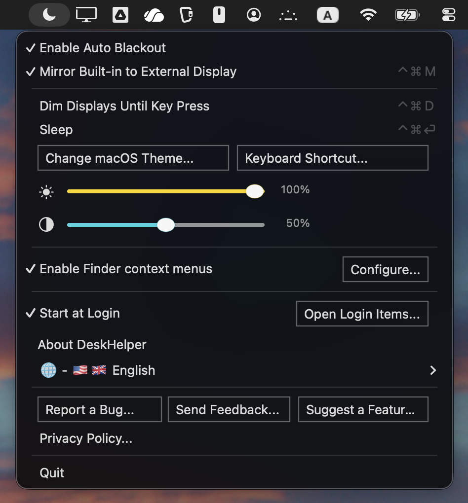 DeskHelper menu showing Auto Blackout, mirroring, display controls, Finder context menus, and quit.