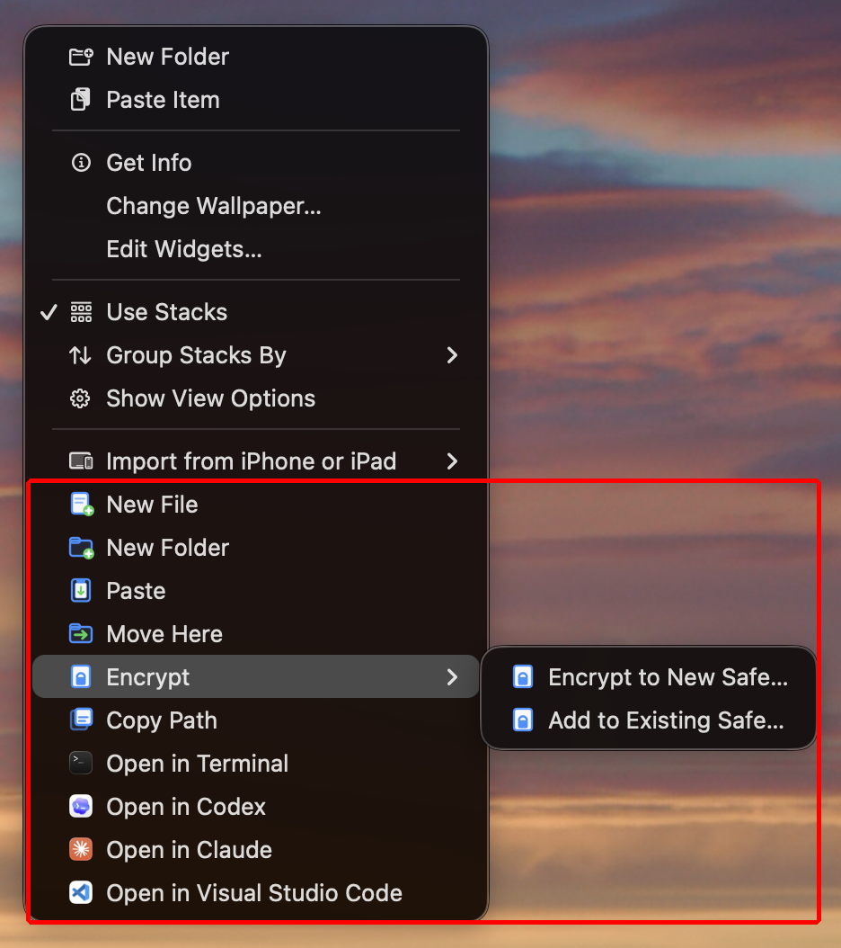 Finder context menu highlighting DeskHelper actions such as New File, New Folder, Paste, Copy Path, Open in apps, and Encrypt or Decrypt Safes.