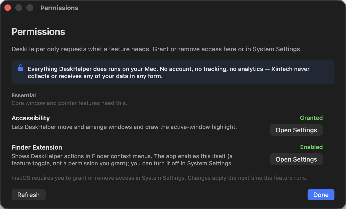Permissions overview listing Accessibility and the Finder Extension with live grant status.