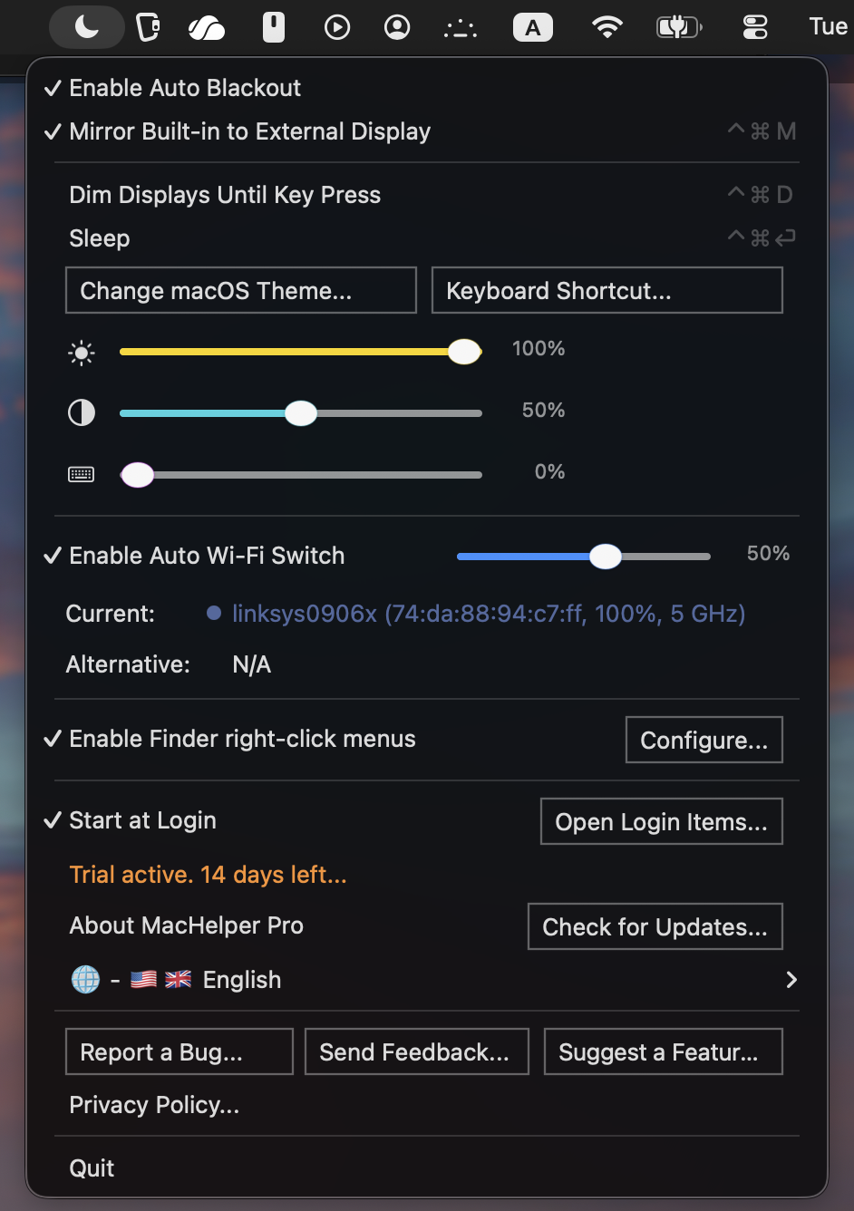 DeskHelper Pro menu showing display controls, Auto Wi-Fi Switch, license, privacy, and quit.
