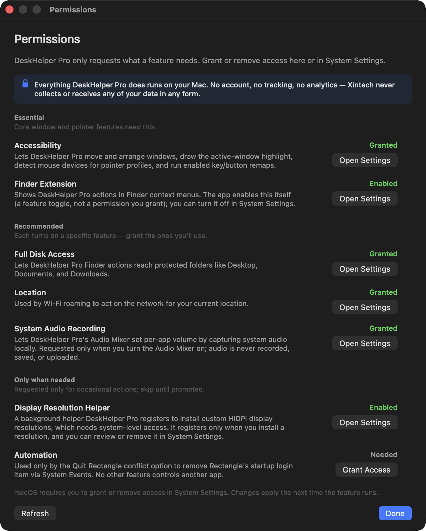 Permissions overview listing Accessibility, Finder Extension, Full Disk Access, Location, System Audio Recording, Display Resolution Helper, and Automation with live grant status.