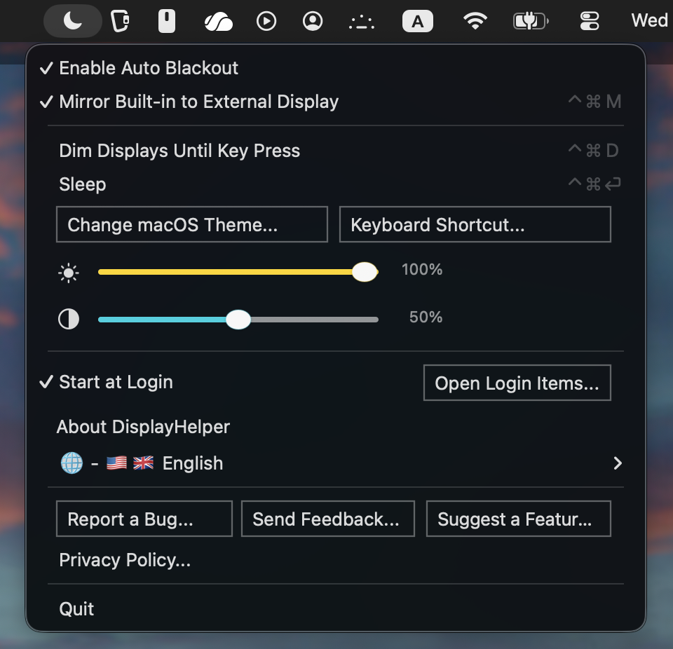 DisplayHelper menu showing Auto Blackout, mirroring, dimming, sleep, display controls, start at login, language, feedback, privacy, and quit.