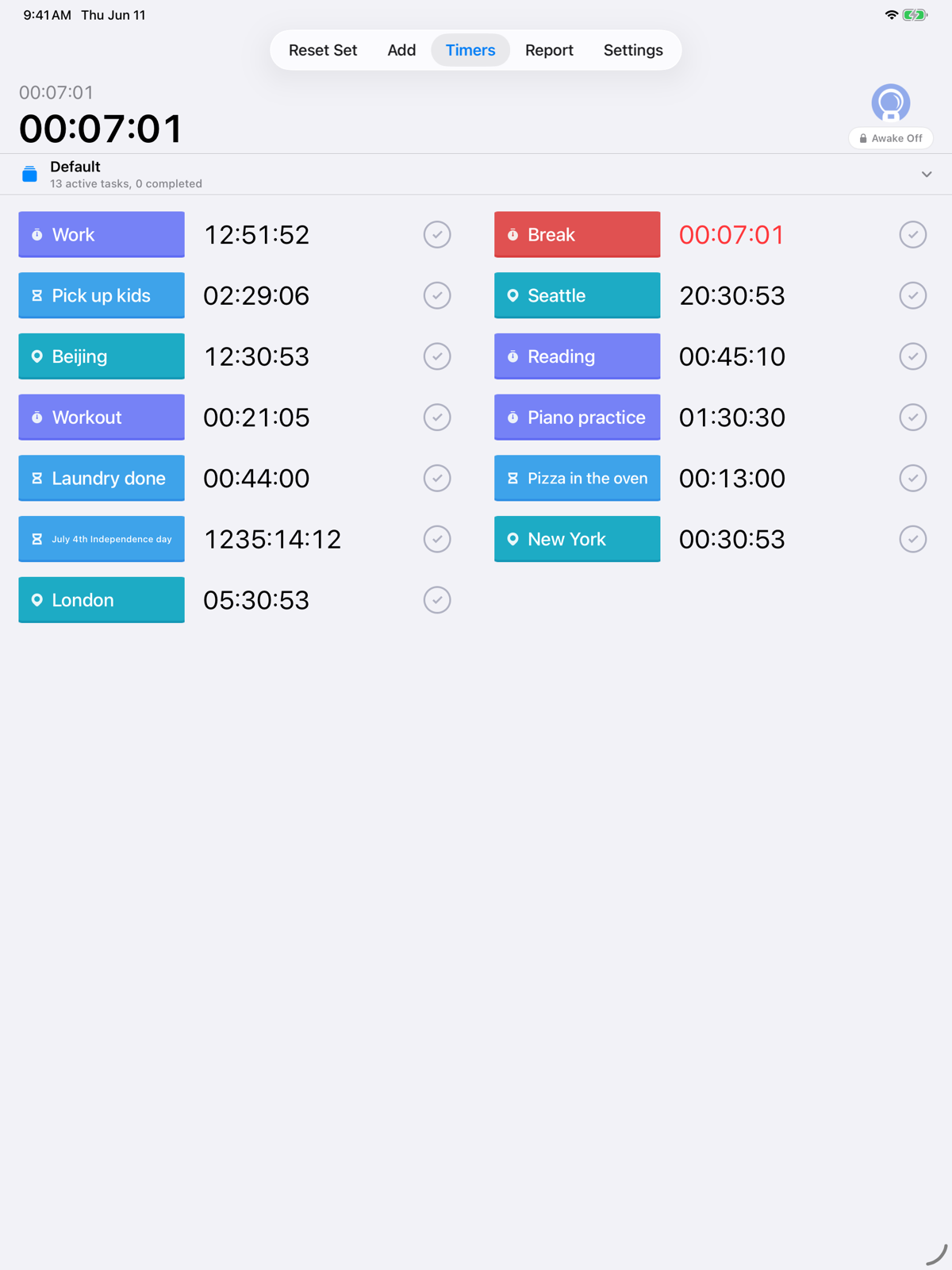Flexible Timers iPad timer list in light mode