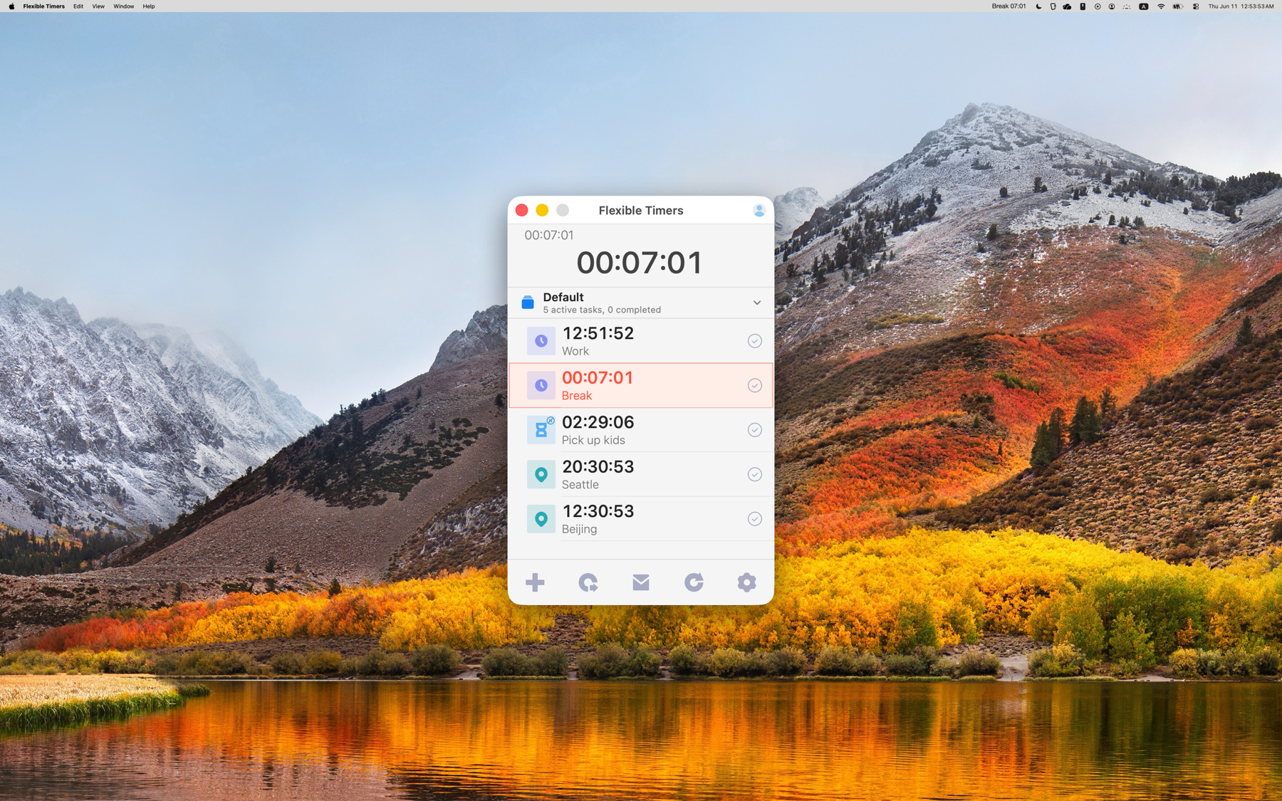 Flexible Timers macOS main timer window in light mode
