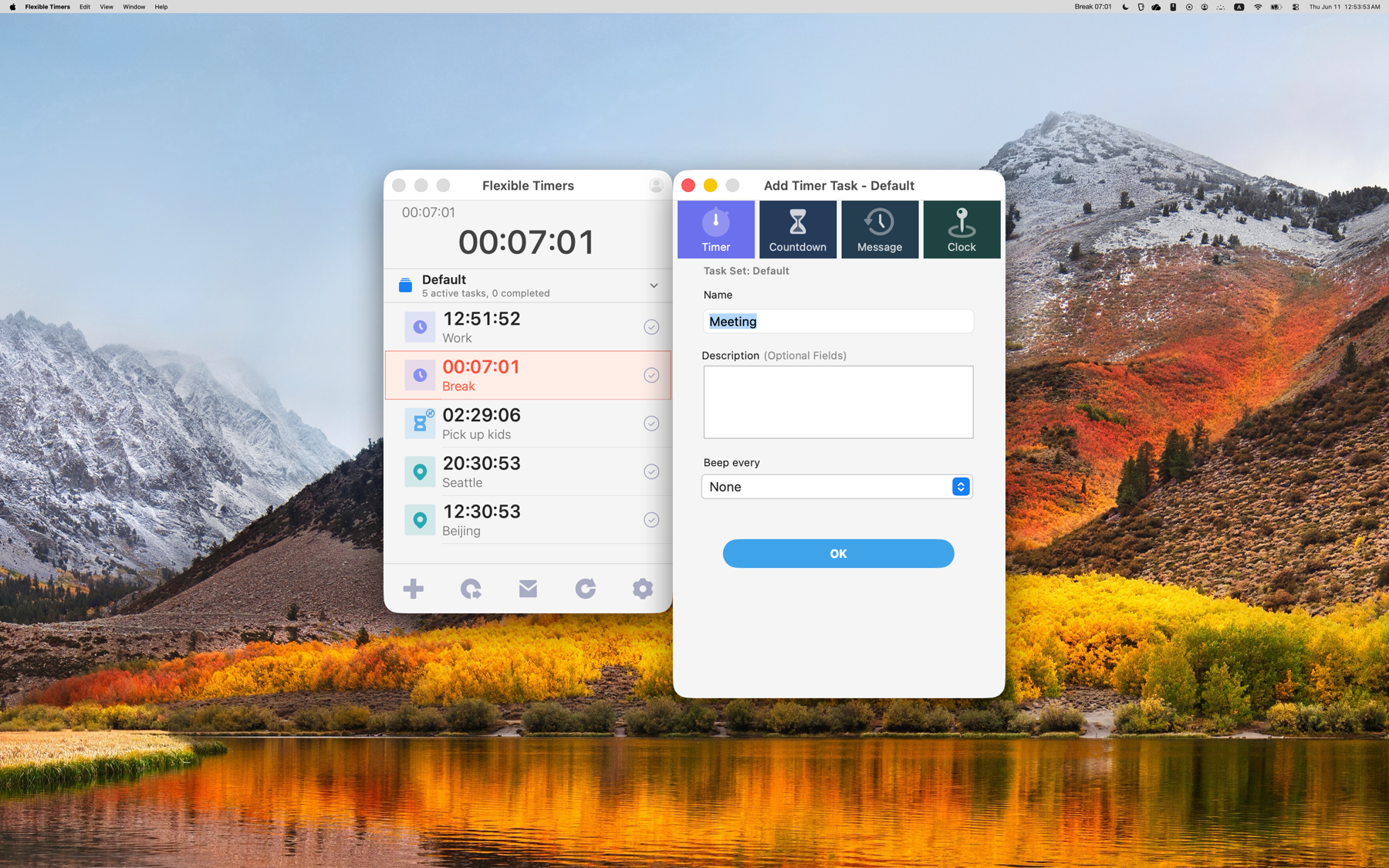 Flexible Timers macOS add timer sheet in light mode