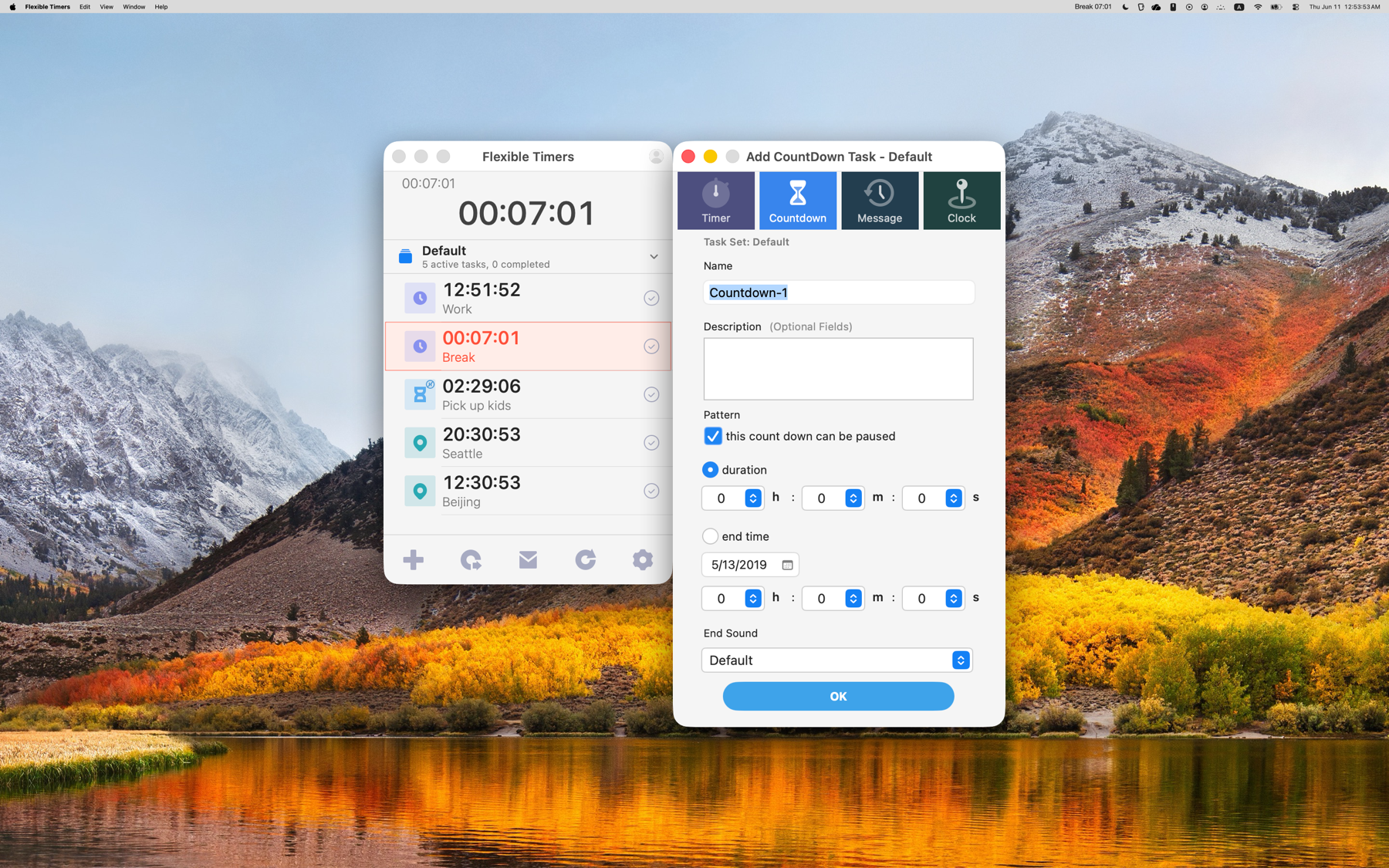 Flexible Timers macOS add countdown sheet in light mode