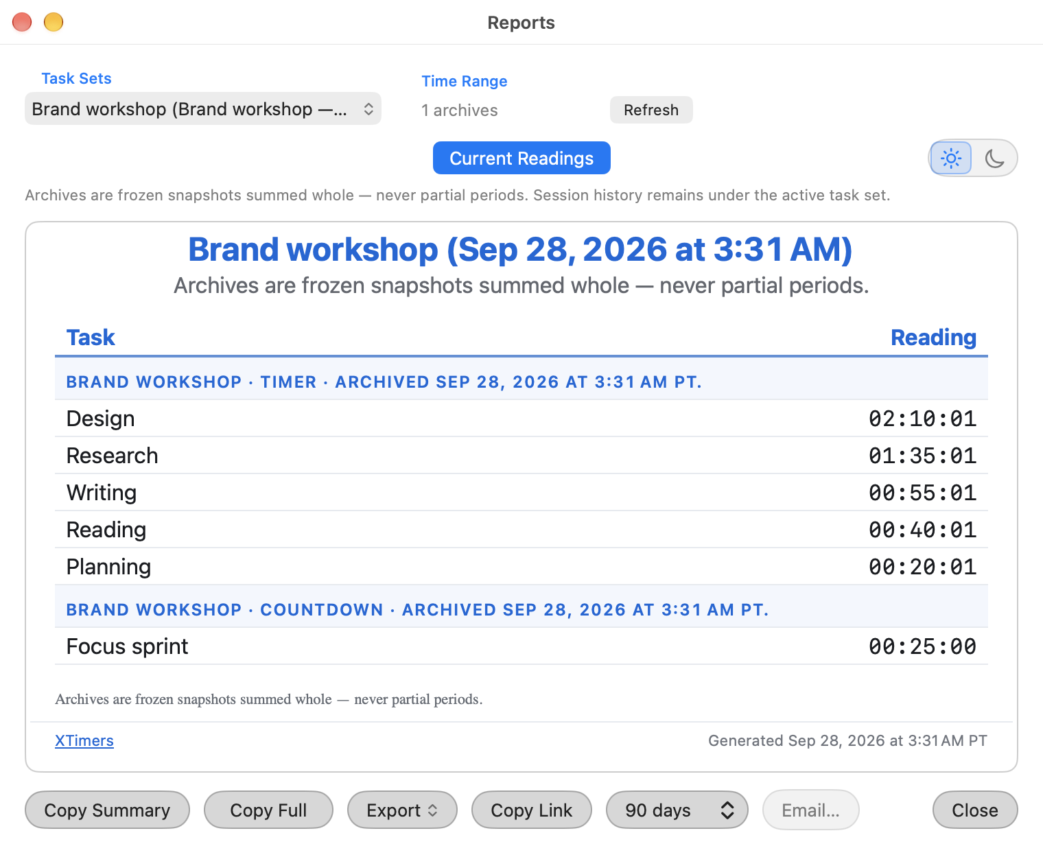 「Brand workshop」をアーカイブとして保存。サンプルのタイマー記録もレポートに保持されている。