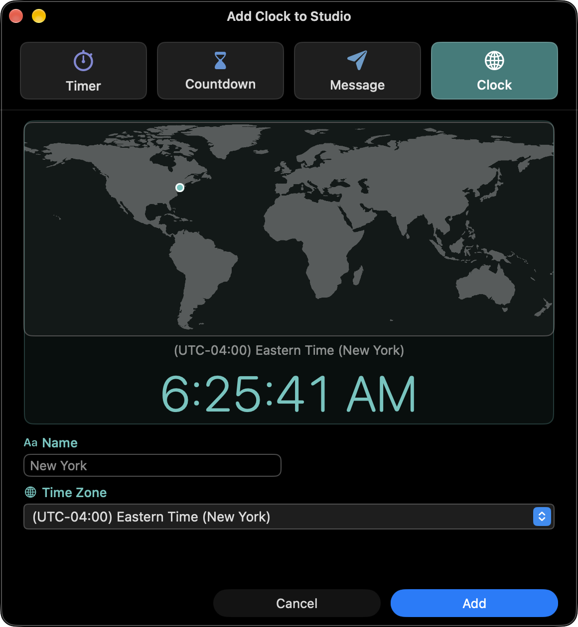 インストール済みMacアプリの時計エディタでニューヨークを表示。地図、現地時刻、UTC−04:00の時差が見える。