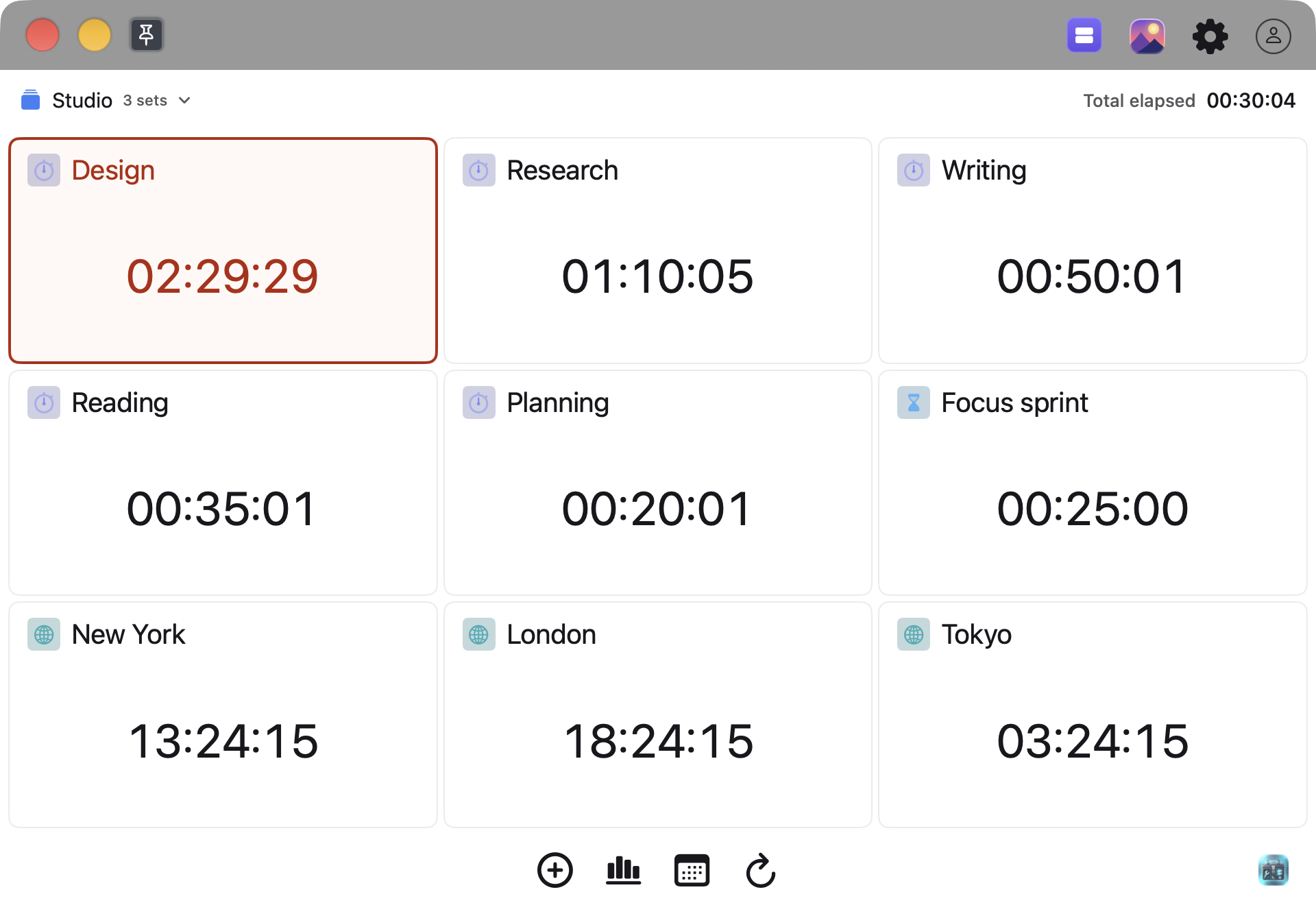 「Studio」の「Design」「Research」「Writing」「Reading」「Planning」のタイマー、「Focus sprint」、ニューヨーク・ロンドン・東京の時計。