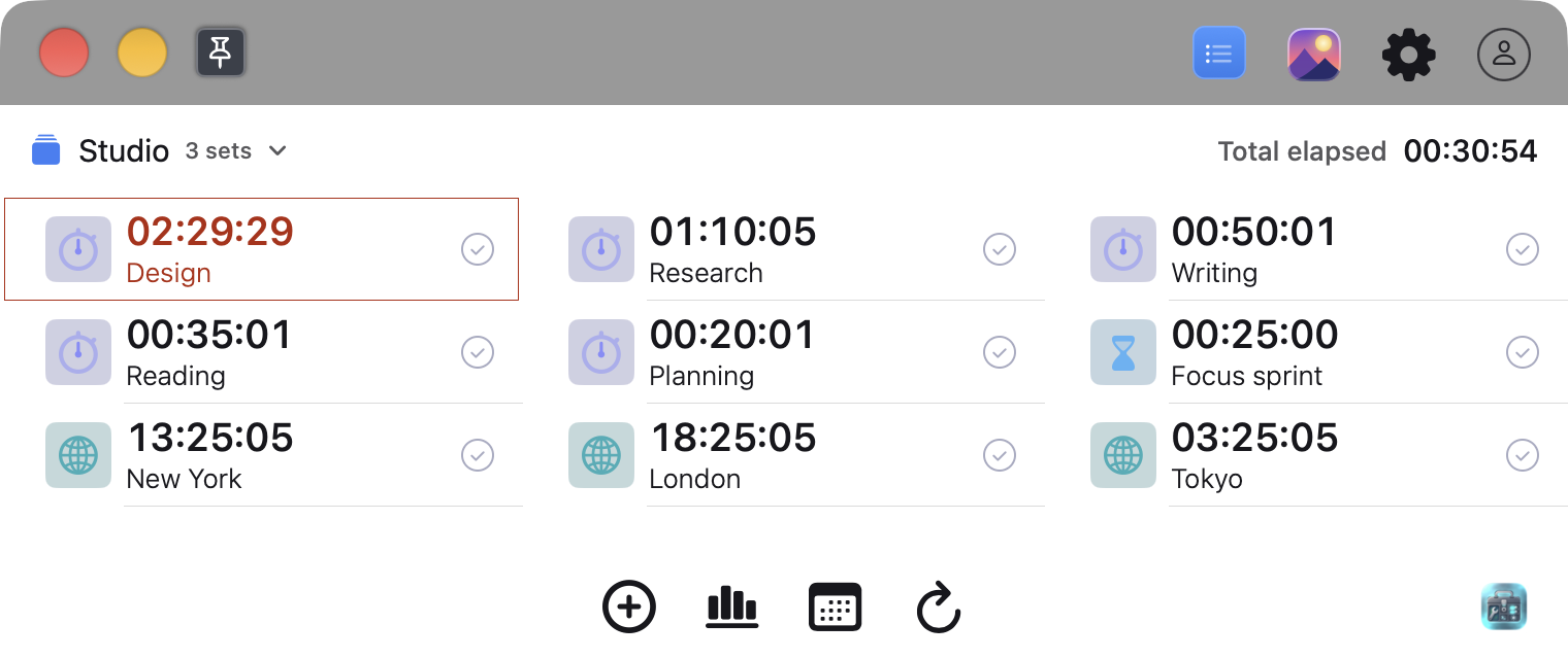 「Studio」ワークスペースには、5つの経過時間タイマー、「Focus sprint」のカウントダウン、3つの世界時計がある。