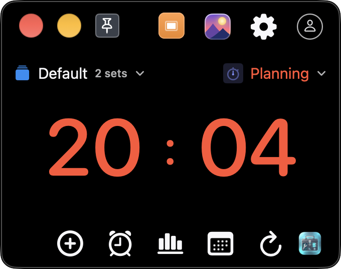 インストール済みMacアプリのシングル表示で「Planning」が20:04を示している。操作ボタンは表示、背景は黒一色。