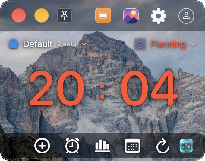 インストール済みMacアプリのシングル表示で「Planning」が20:04を示している。操作ボタンは表示、背景はドロミーティの写真。