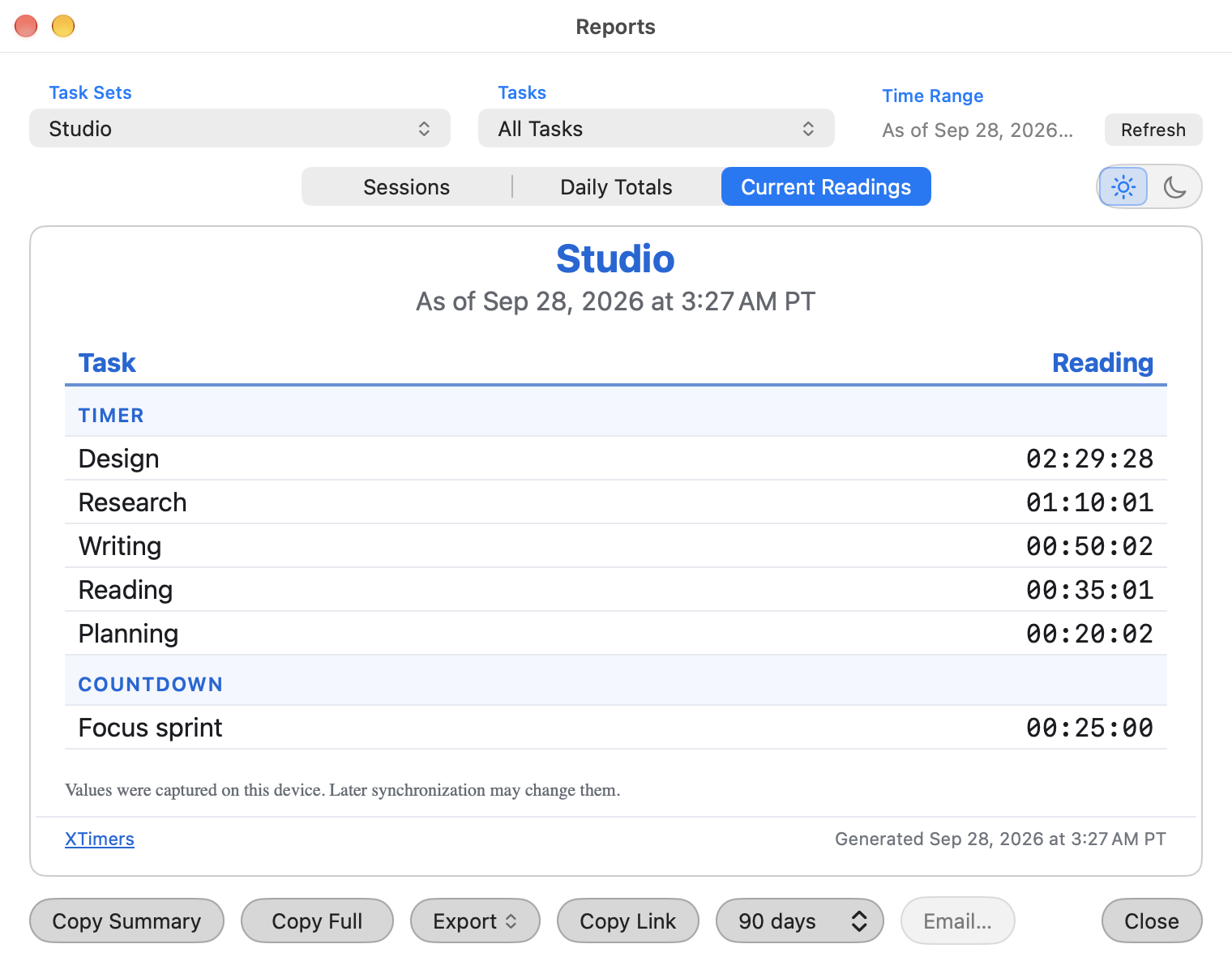 「Studio」ワークスペースの現在の計測値。コピー、書き出し、共有の操作ボタンが並ぶ。