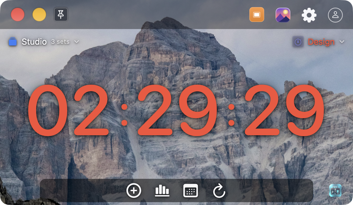 XTimersに付属するドロミーティの写真を背景にした「Design」タイマー。