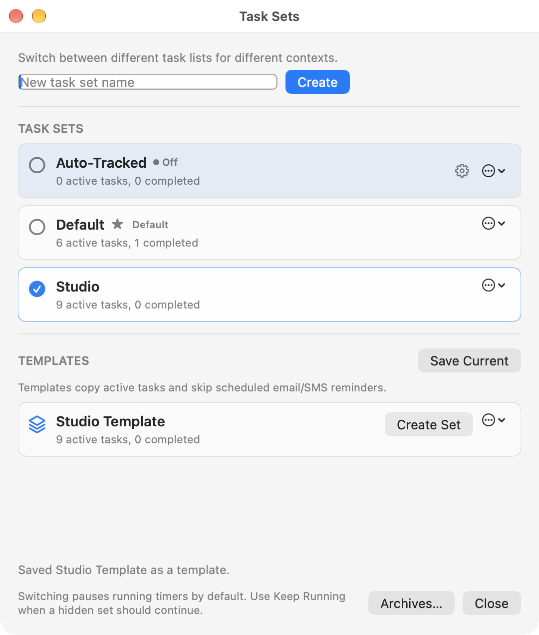 9つのアクティブなタスクと、再利用可能な「Studio Template」がある「Studio」タスクセット。