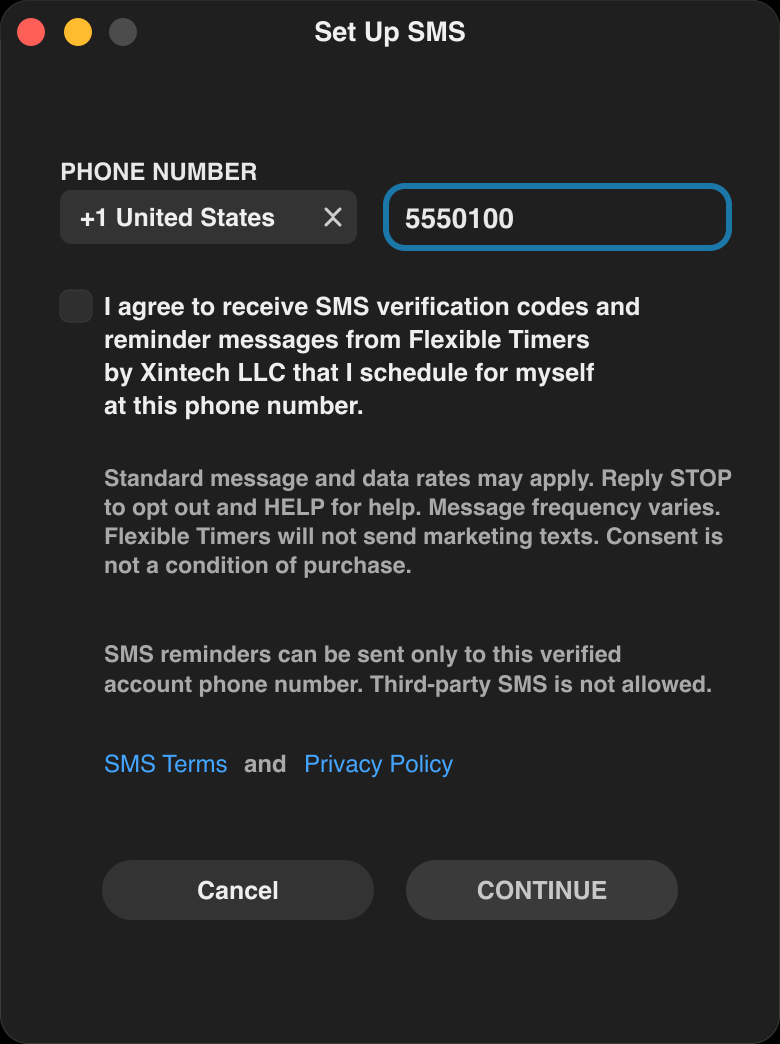 Flexible Timers by Xintech LLC SMS consent screen showing phone entry, an unchecked consent checkbox, terms, privacy, STOP and HELP language