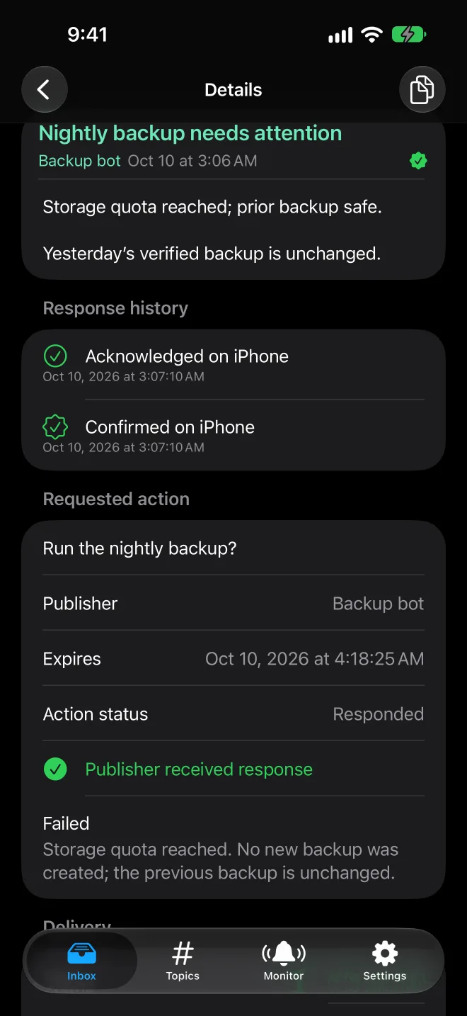 iPhone alert showing the publisher reported Failed with a summary