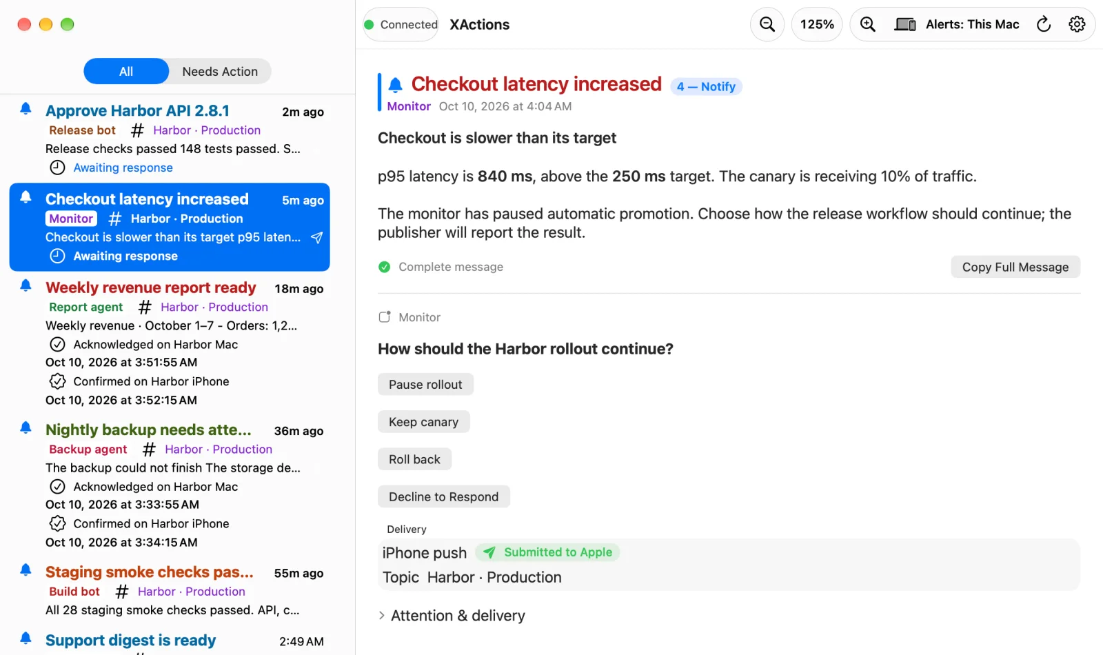 Mac Inbox with an incident asking the user to choose the next step