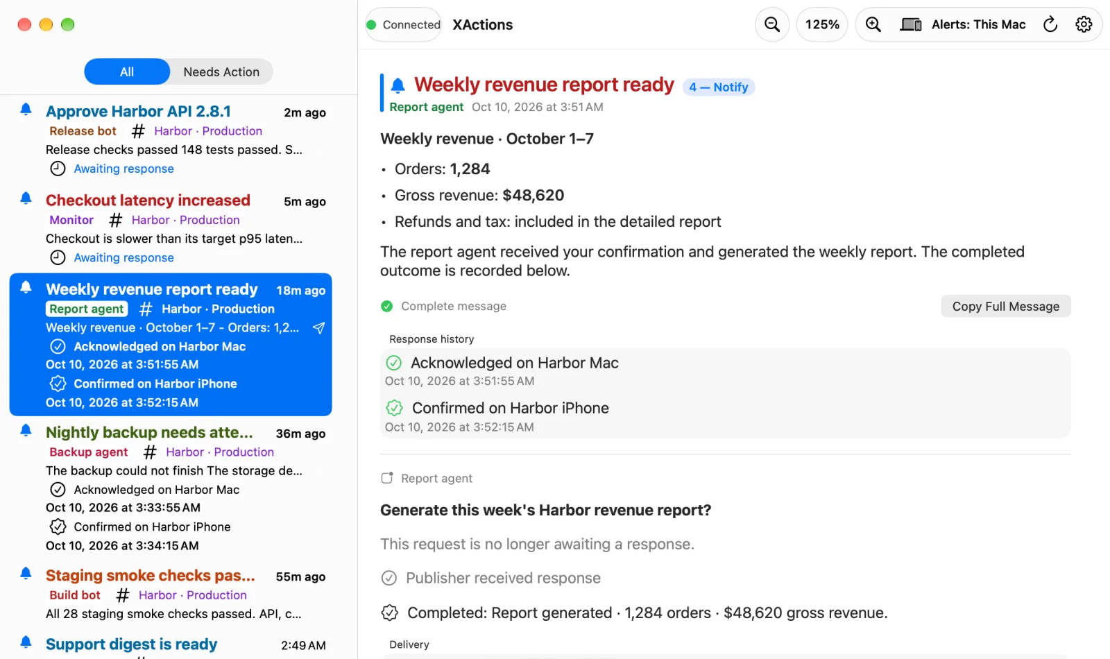 Mac Inbox showing a request acknowledged across devices and reported Completed