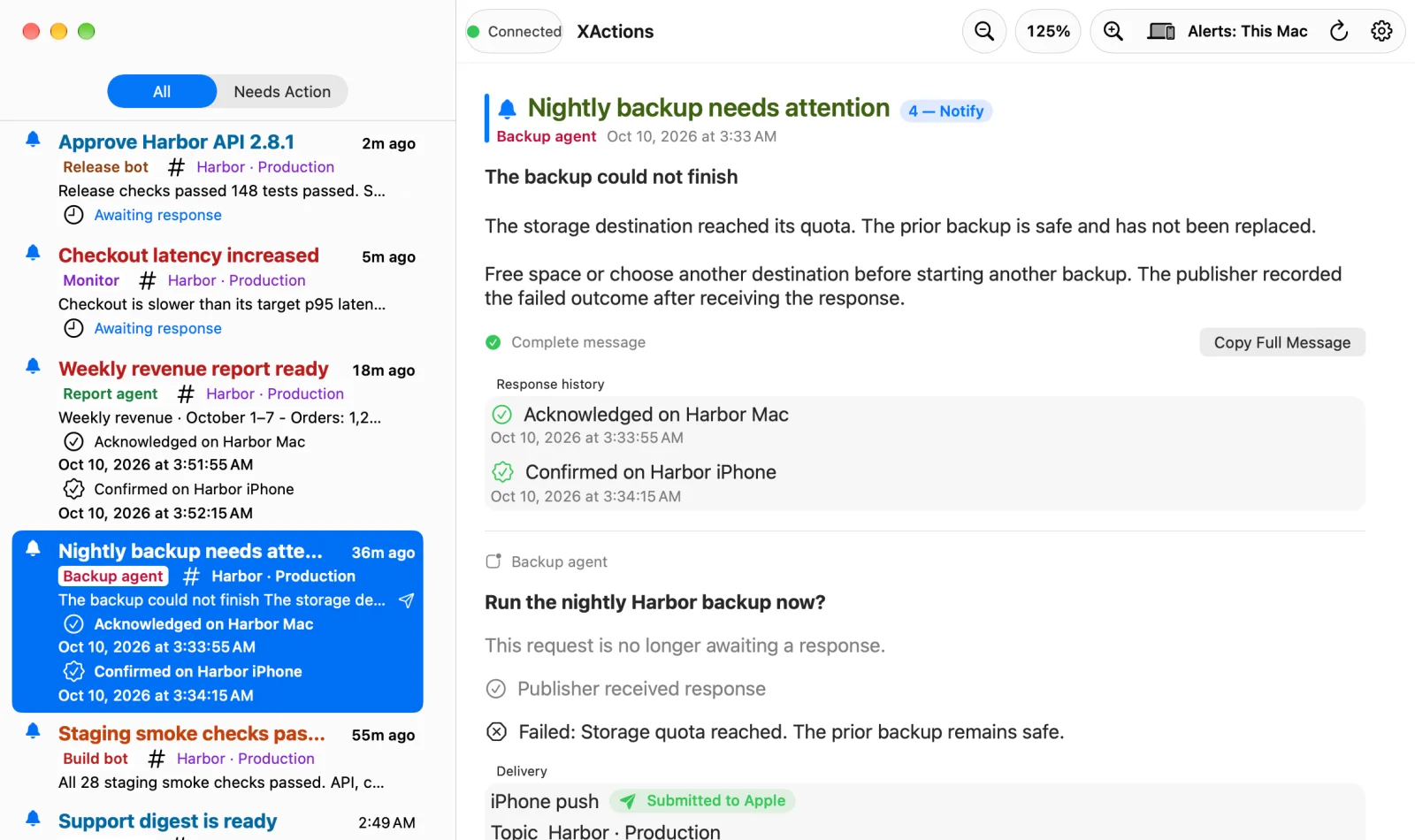 Mac Inbox showing a backup request the publisher reported as Failed