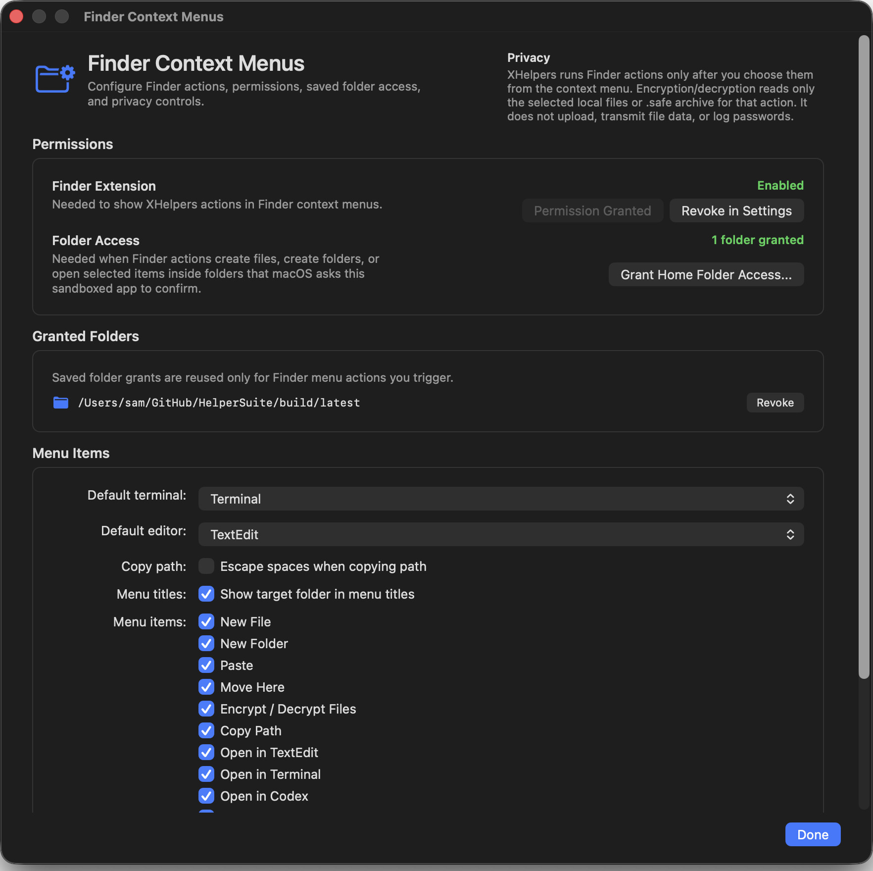 Finder configuration, permissions, and menu items