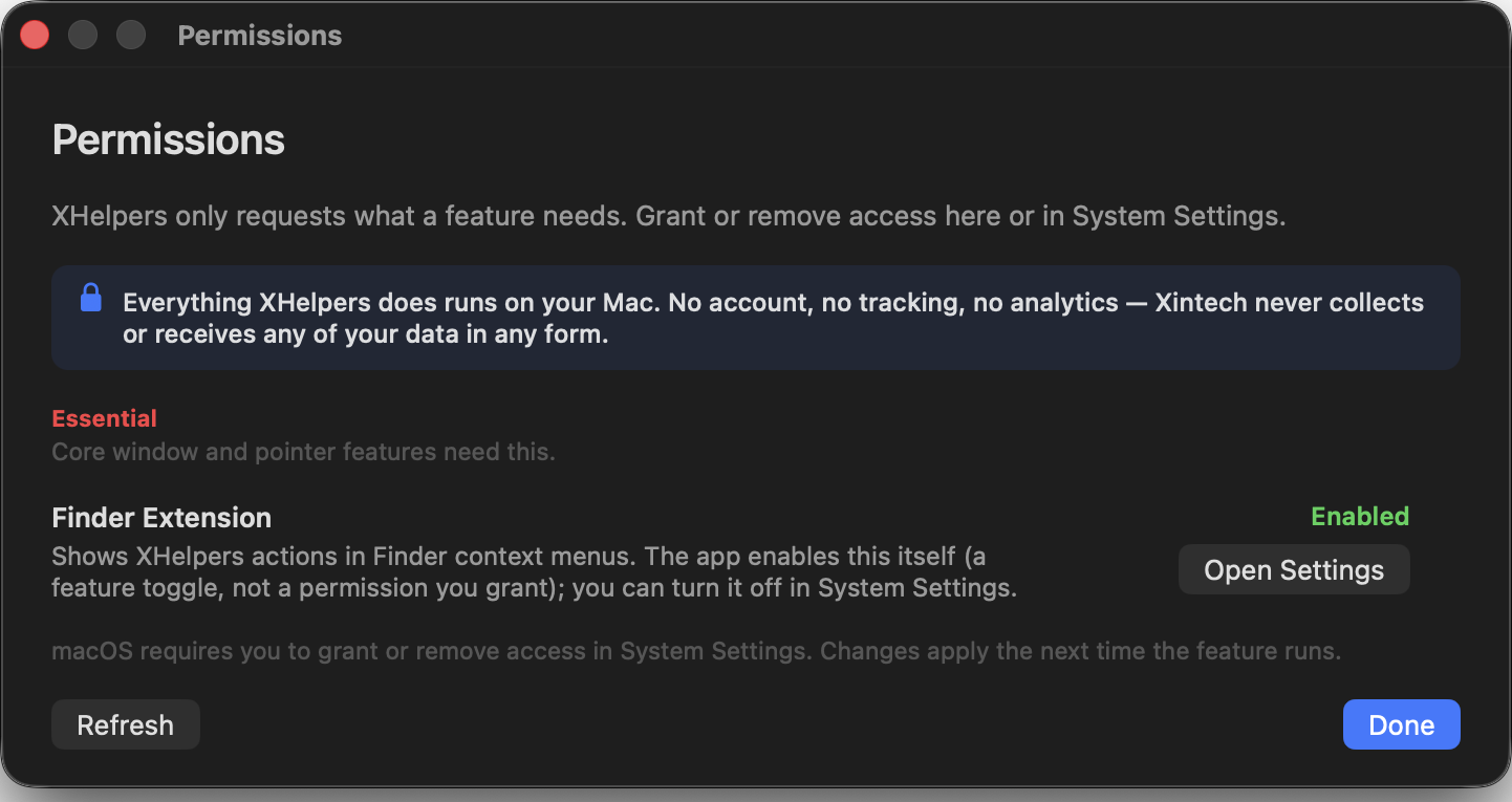 Permissions overview showing the single Finder Extension permission with live status.