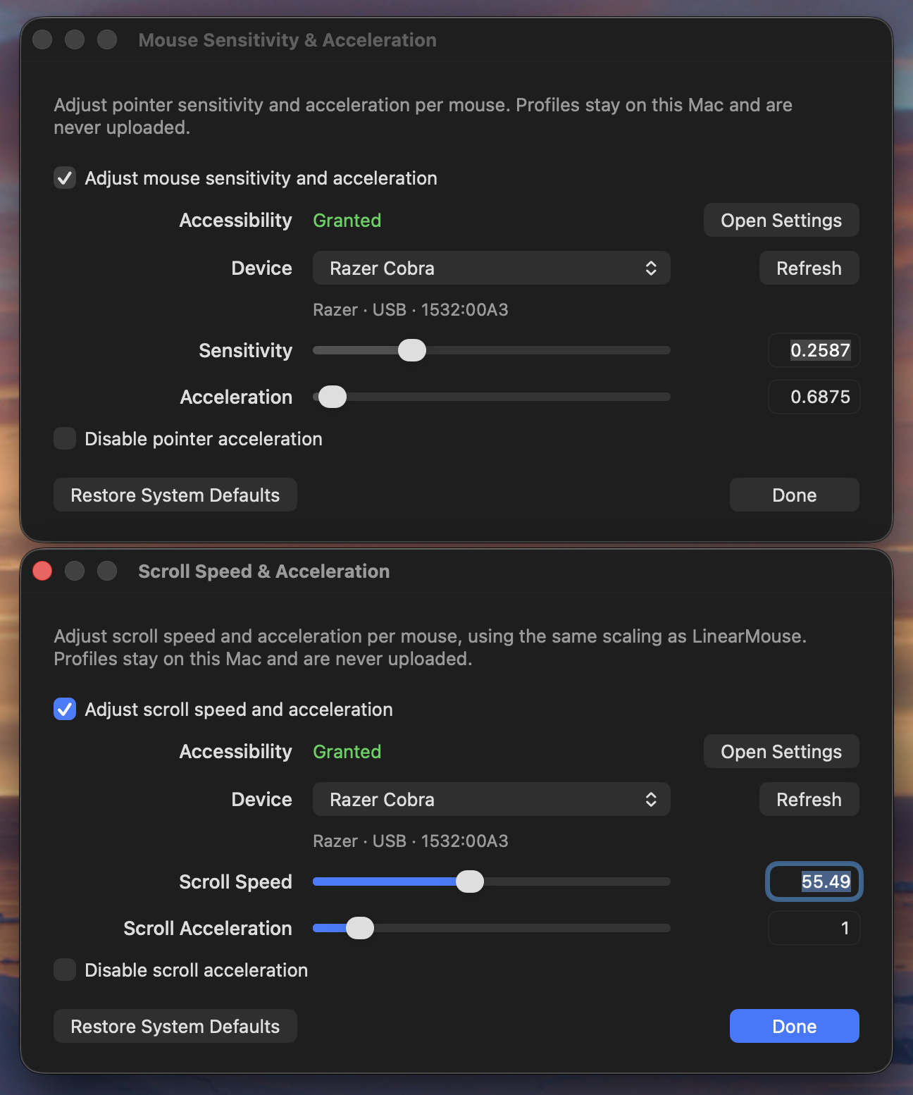 Pointer and scroll profiles