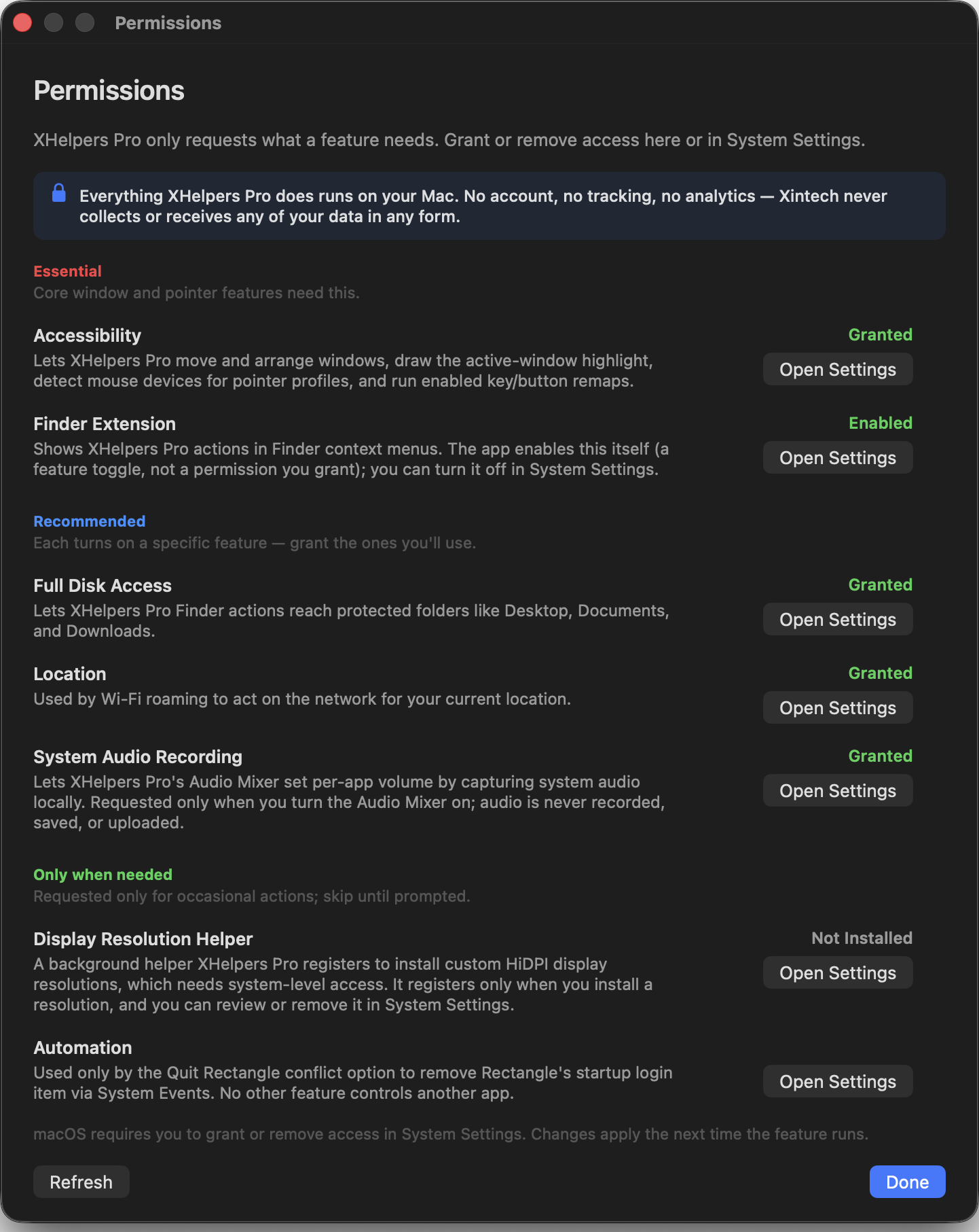 Permissions overview listing Accessibility, Finder Extension, Full Disk Access, Location, System Audio Recording, Display Resolution Helper, and Automation with live grant status.