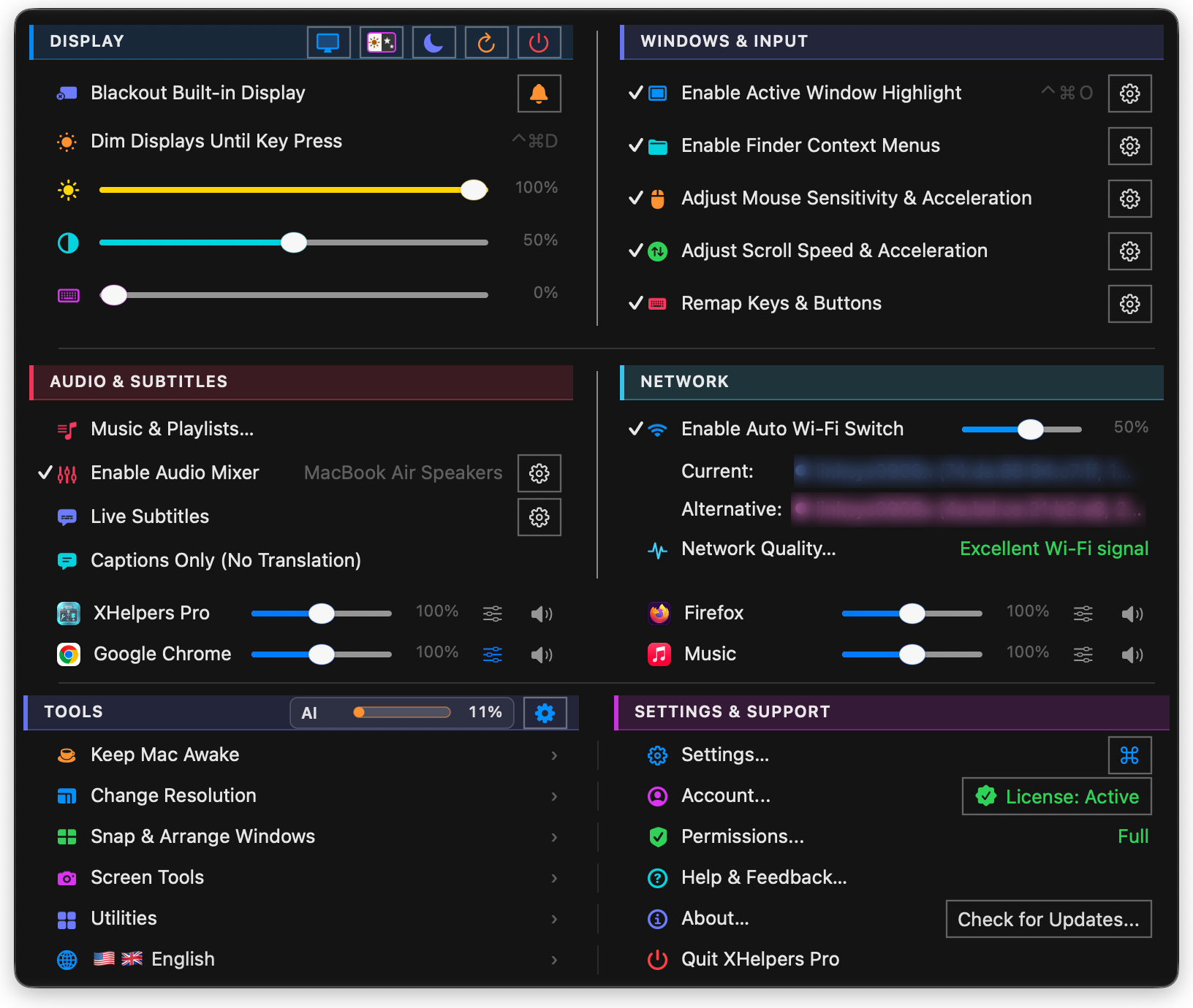 The XHelpers Pro menu in dark appearance: Display and Windows & Input in the top band, Audio & Subtitles and Network below them with per-app volume rows, then Tools and Settings & Support