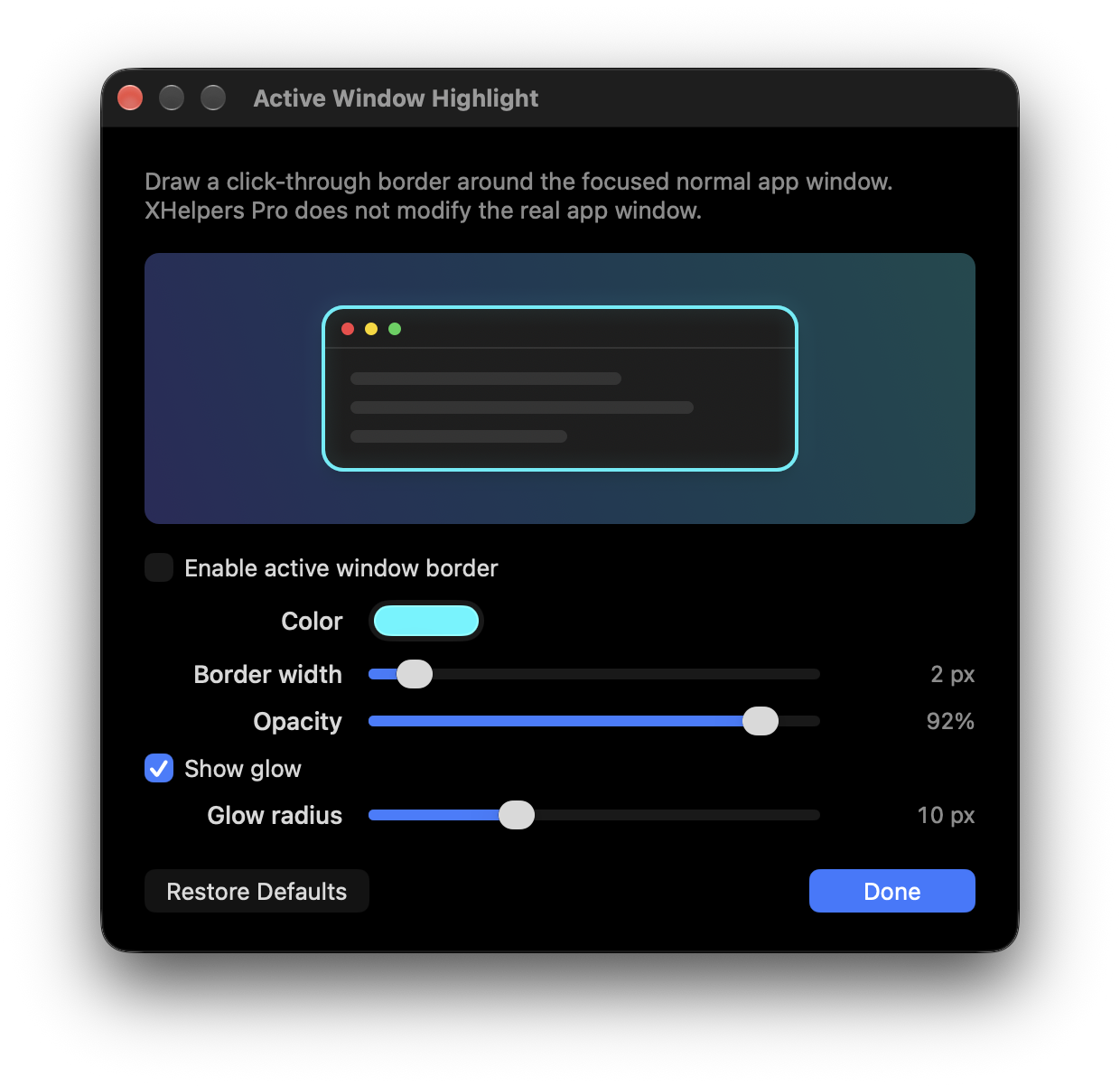 Active Window Highlight settings with a cyan border preview and controls for color, border width, opacity and glow