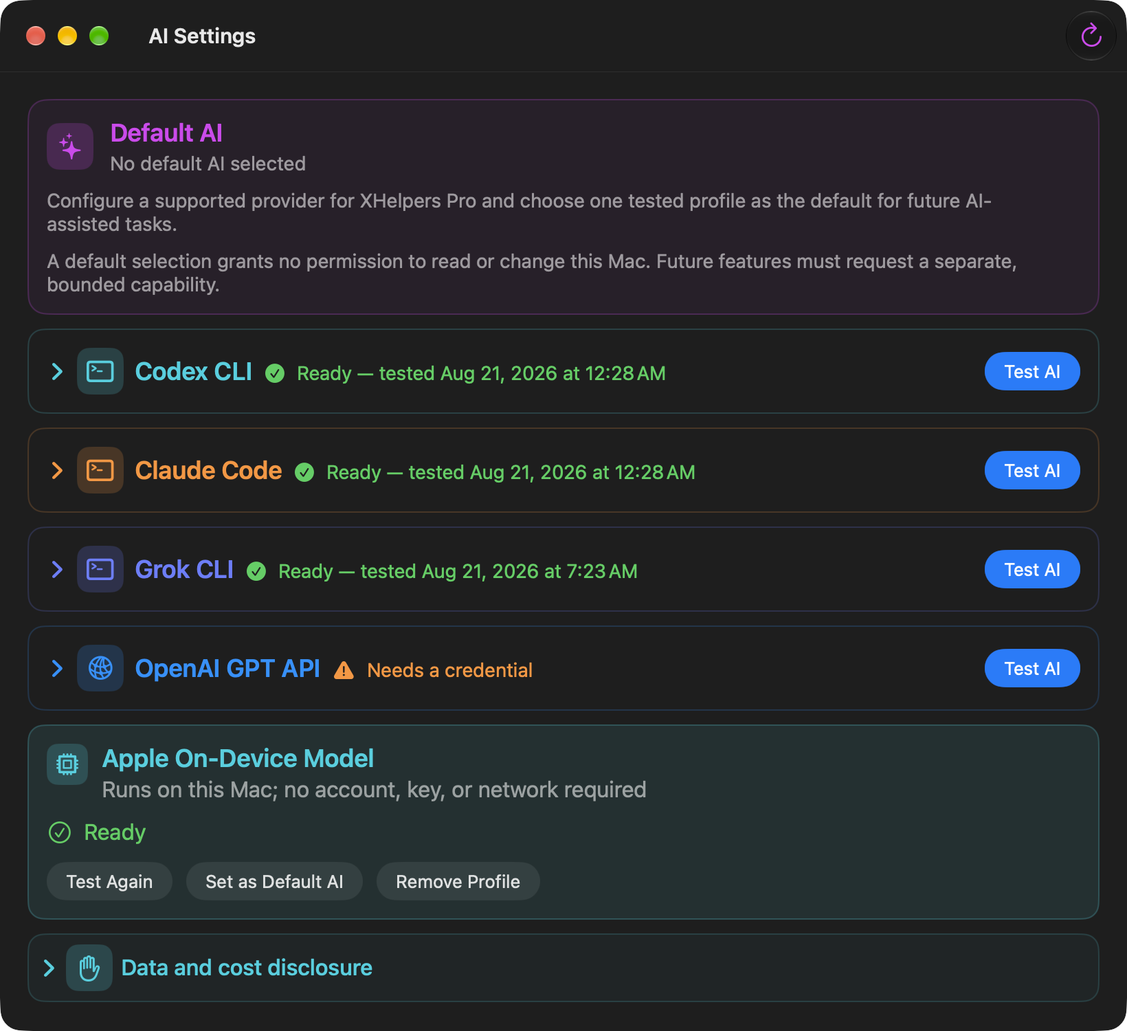 AI Settings with provider readiness, default AI selection, and Apple's on-device model