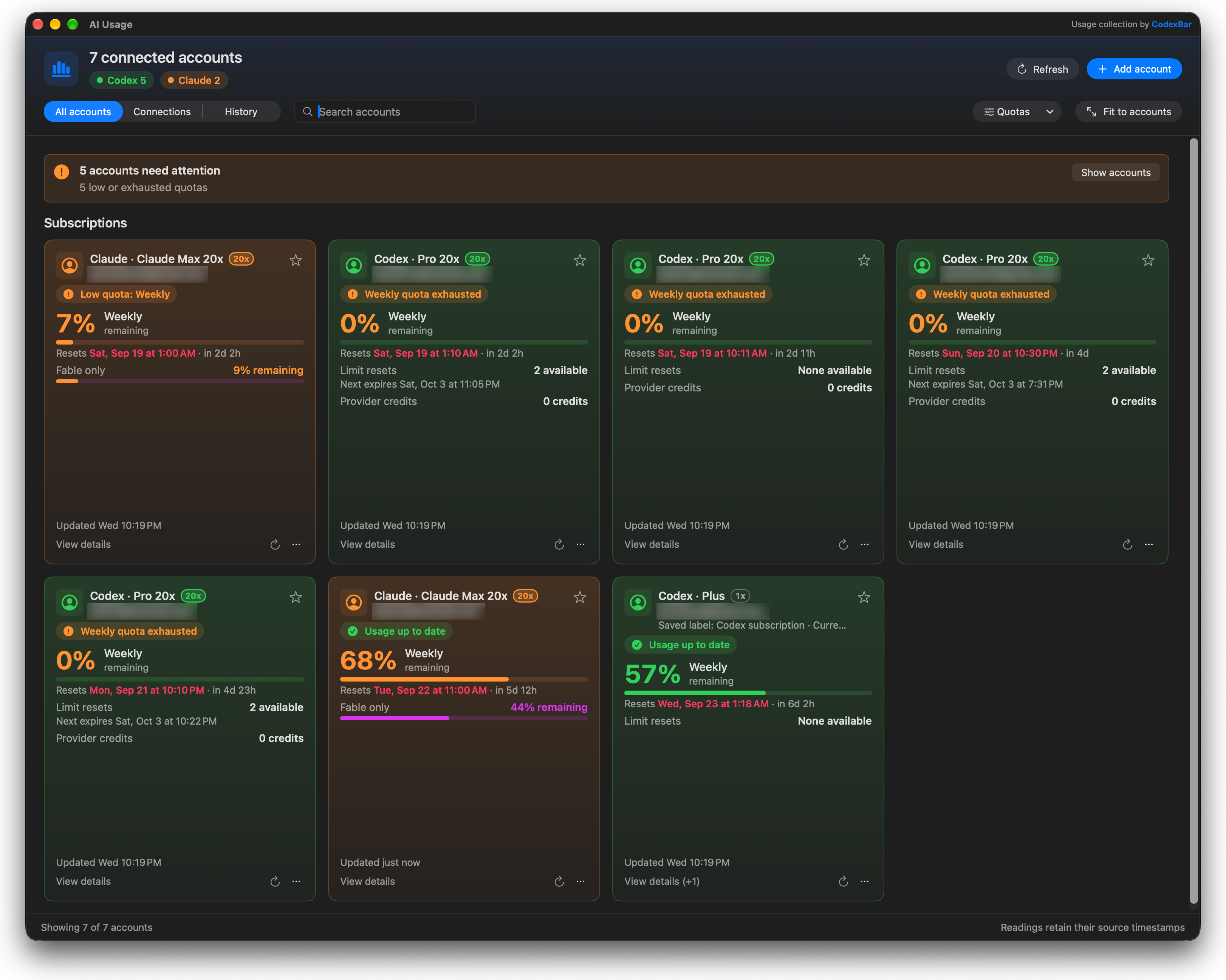 AI Usage window showing seven connected Codex and Claude accounts as cards with weekly quota remaining, reset times and available limit resets
