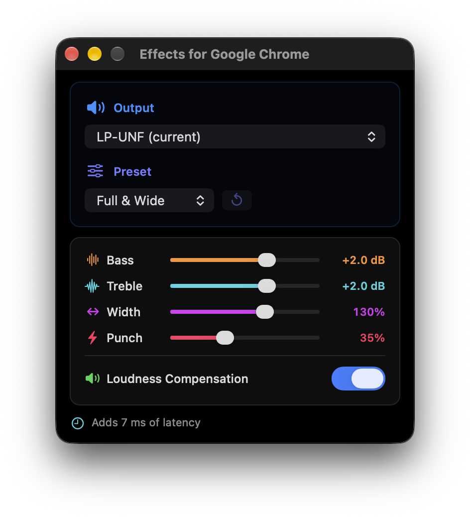 Audio Effects for Google Chrome with output selection, a Full & Wide preset, bass, treble, stereo width, punch and loudness compensation