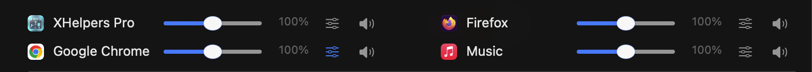 Audio Mixer menu rows for XHelpers Pro, Google Chrome, Firefox and Music, with individual volume, audio effects and mute controls