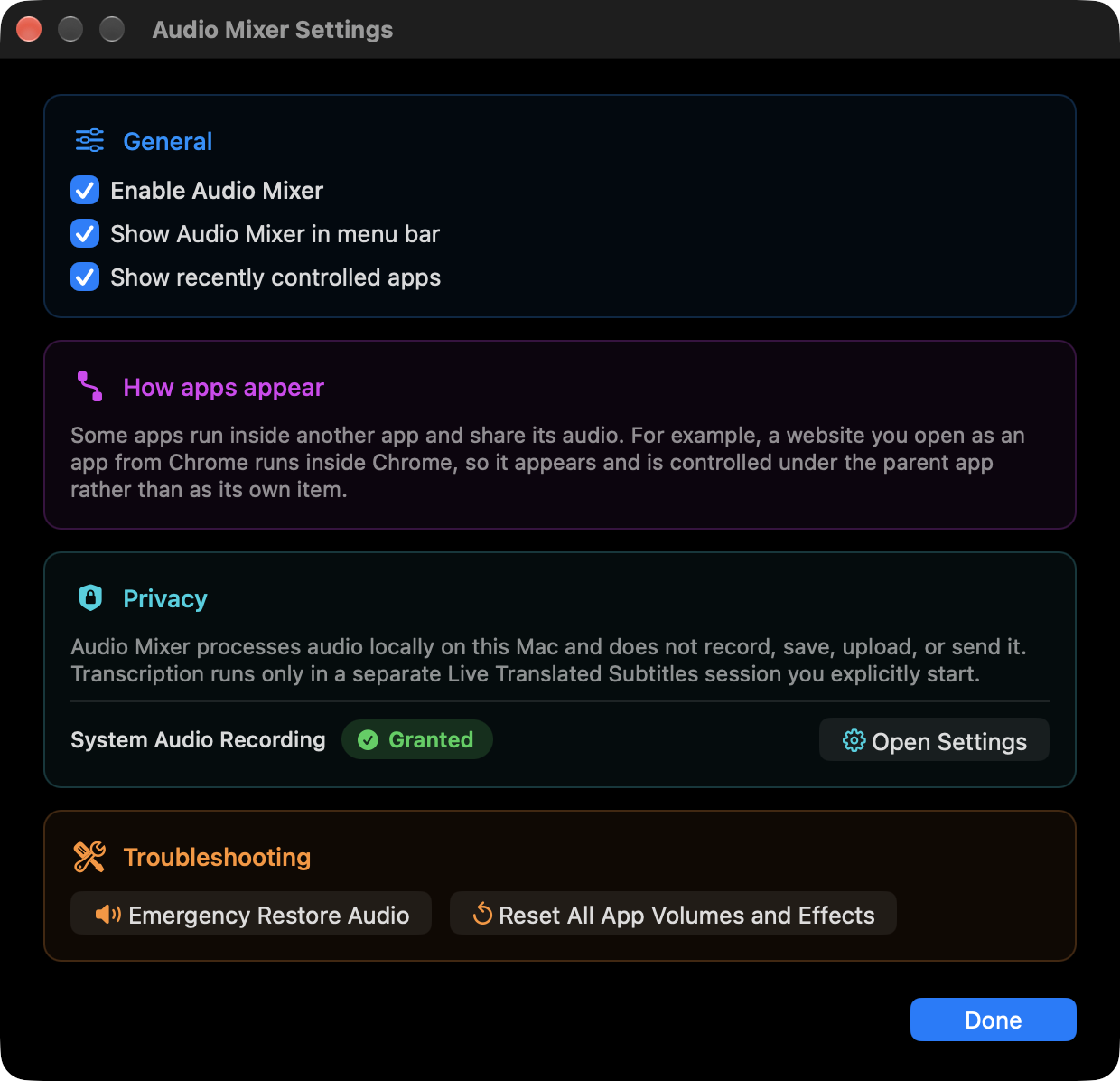 Audio Mixer settings with colored sections for general controls, app grouping, local audio privacy and troubleshooting