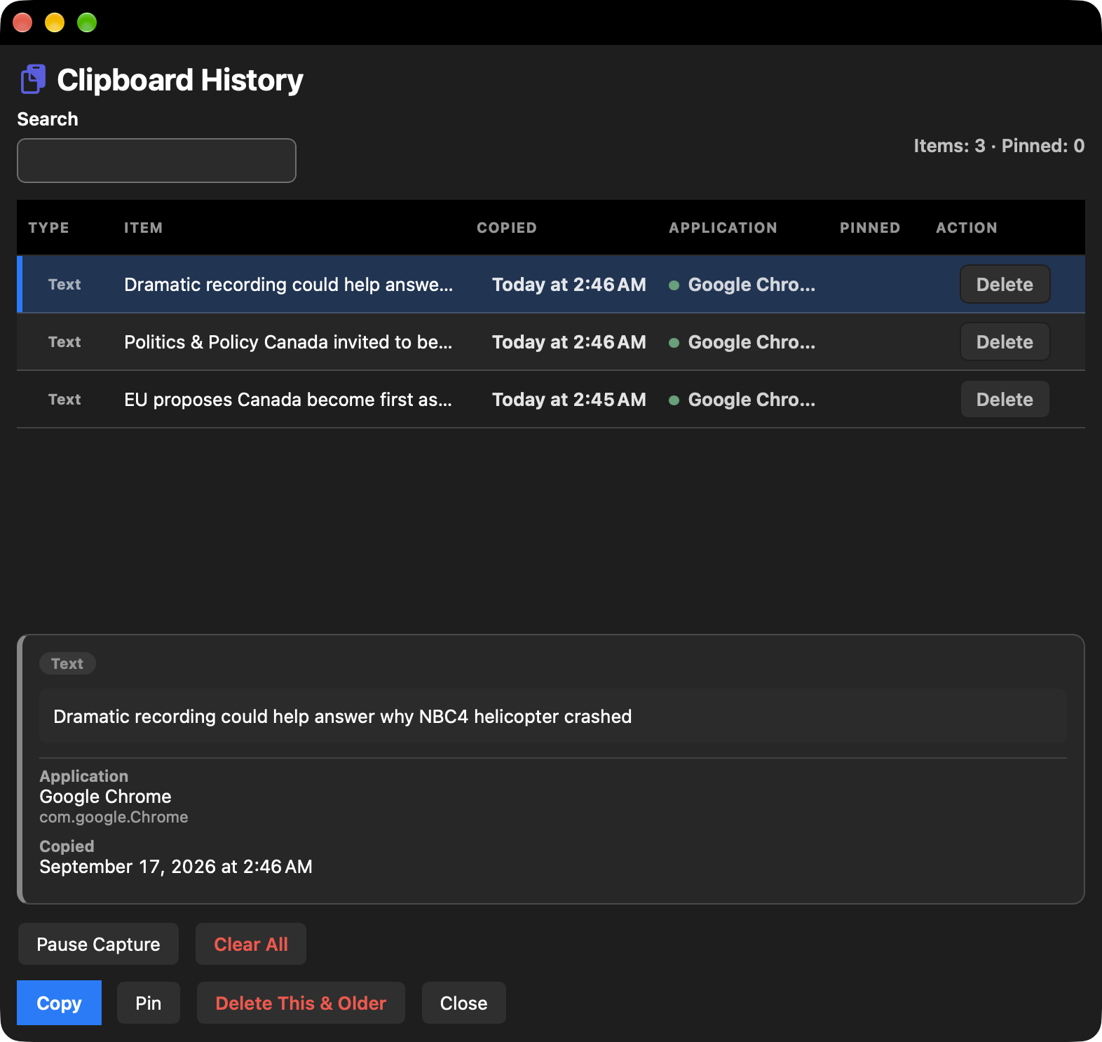 Clipboard History with searchable copied text, source apps and timestamps, a selected-item preview, and copy, pin and clear controls