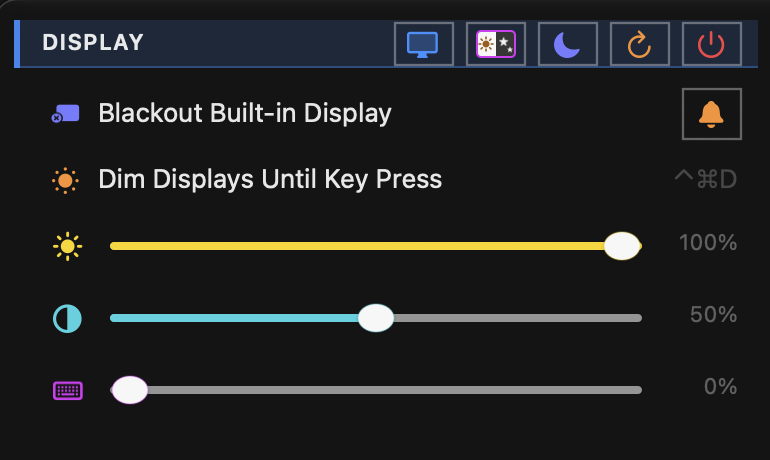 Display menu with blackout, dimming, brightness, contrast and keyboard backlight controls