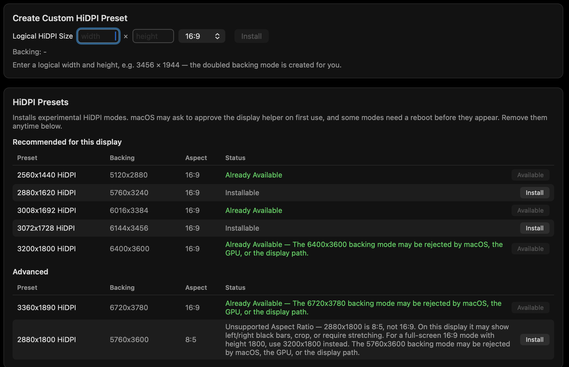Custom HiDPI preset form with recommended and advanced presets and their availability