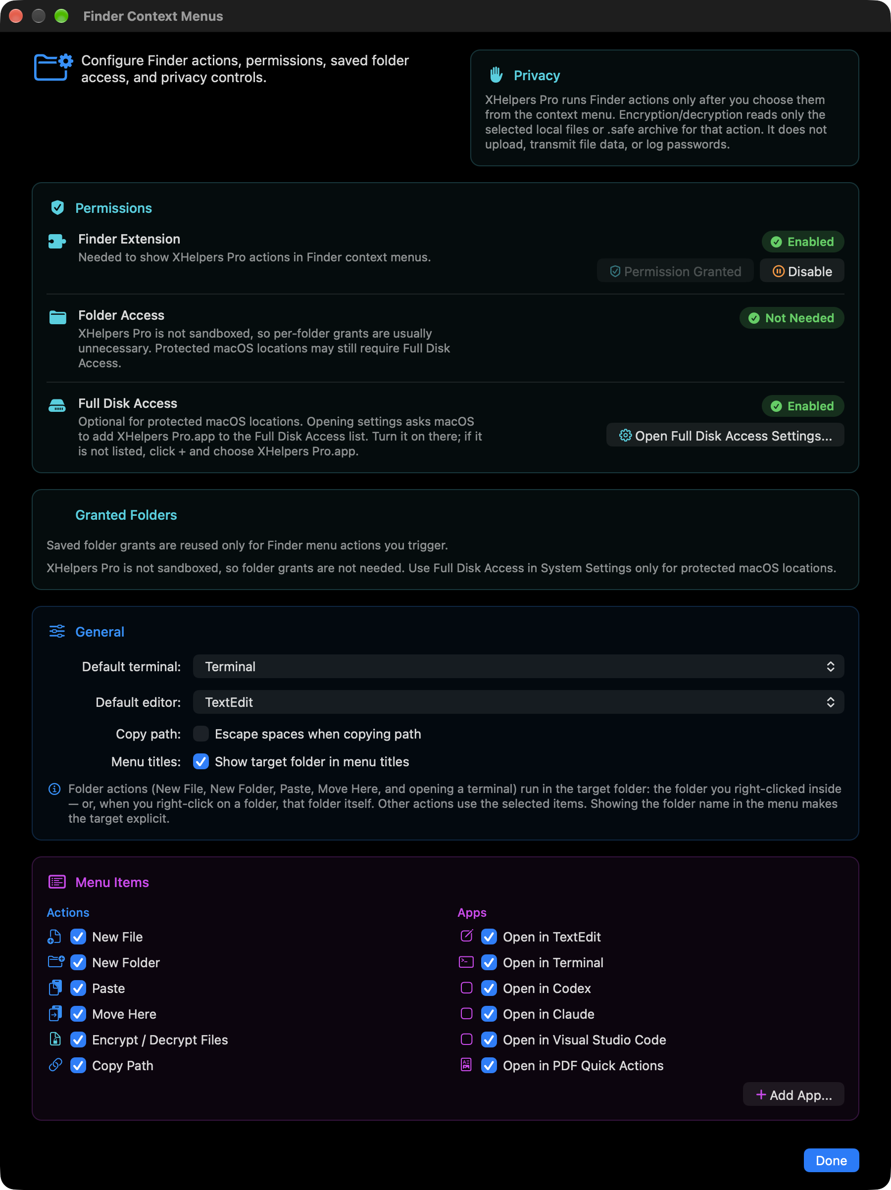 Finder Context Menus settings with colored privacy, permission and menu-item sections, plus Actions and Apps choices