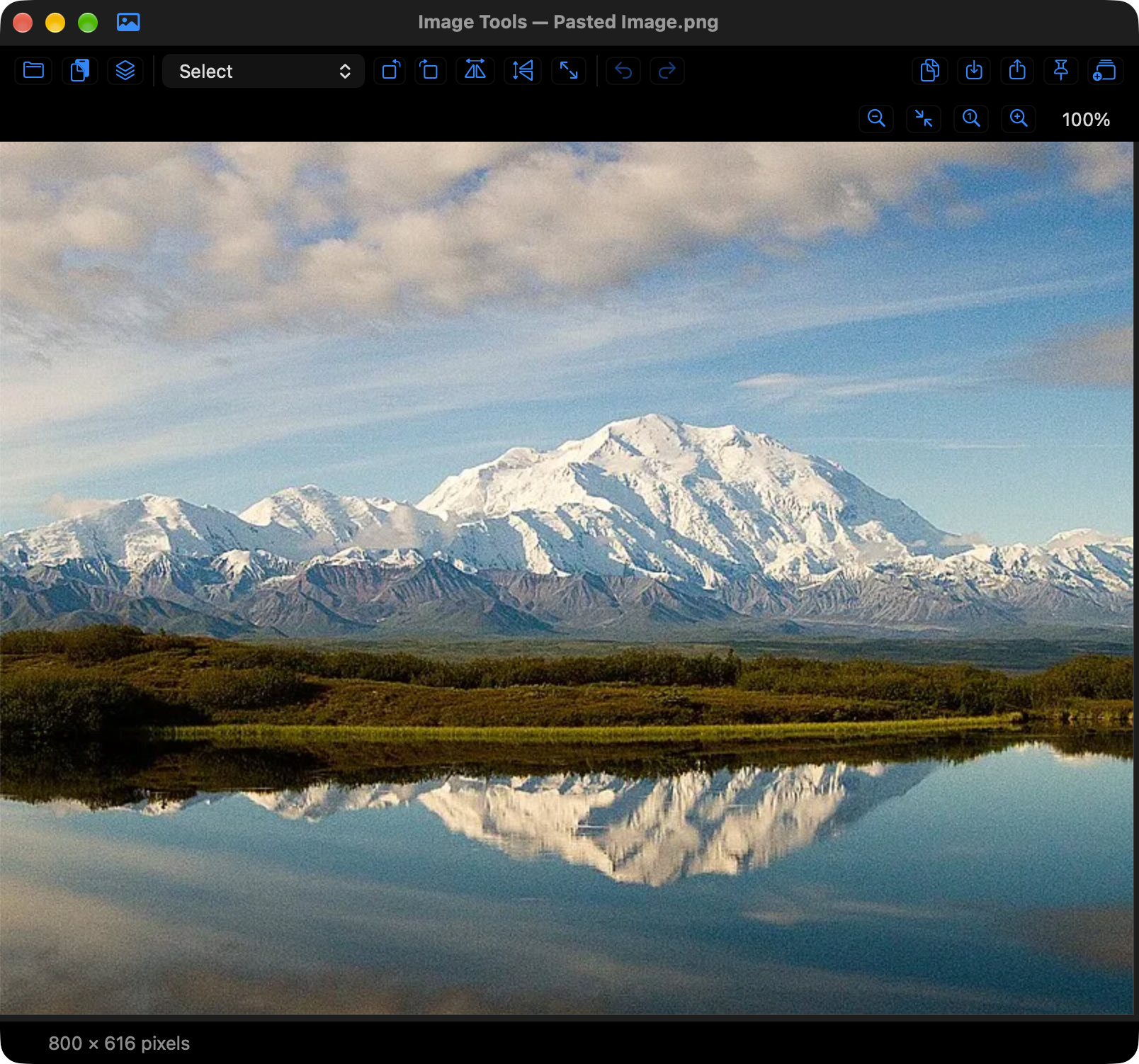 Image Tools displaying a mountain and lake photo, with image-editing, rotate, flip, resize, zoom and export controls