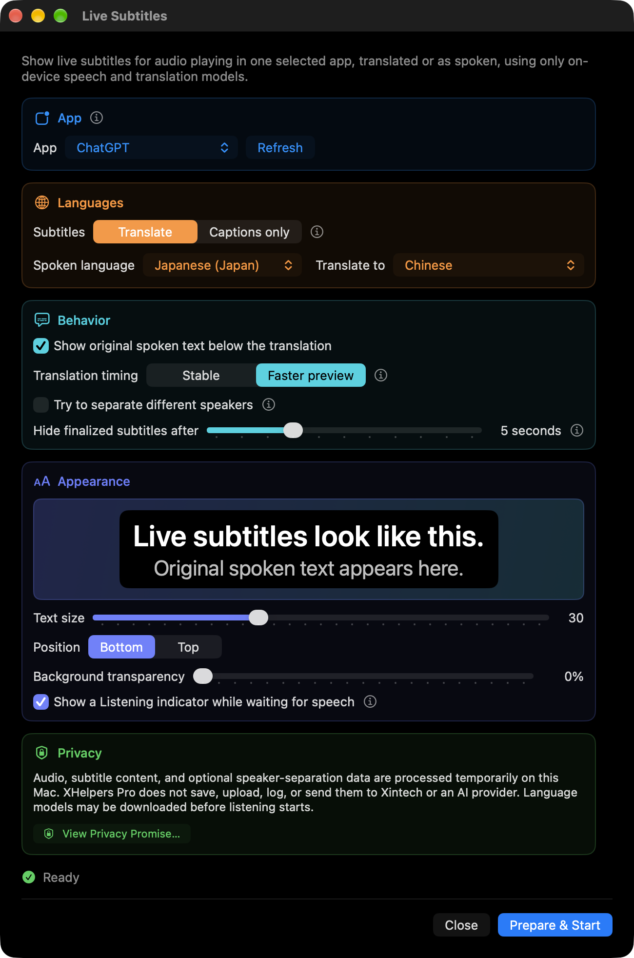 Live Subtitles settings with colored sections for app selection, languages, behavior, subtitle appearance and on-device privacy