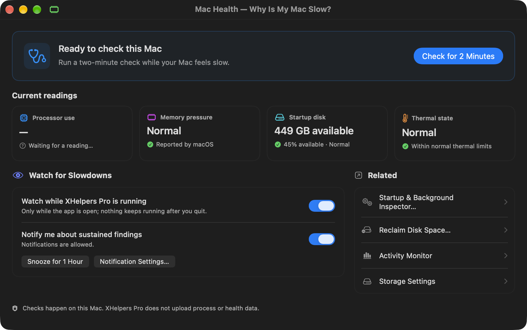 Mac Health with processor, memory, disk and thermal readings, a two-minute check, slowdown monitoring and related tools