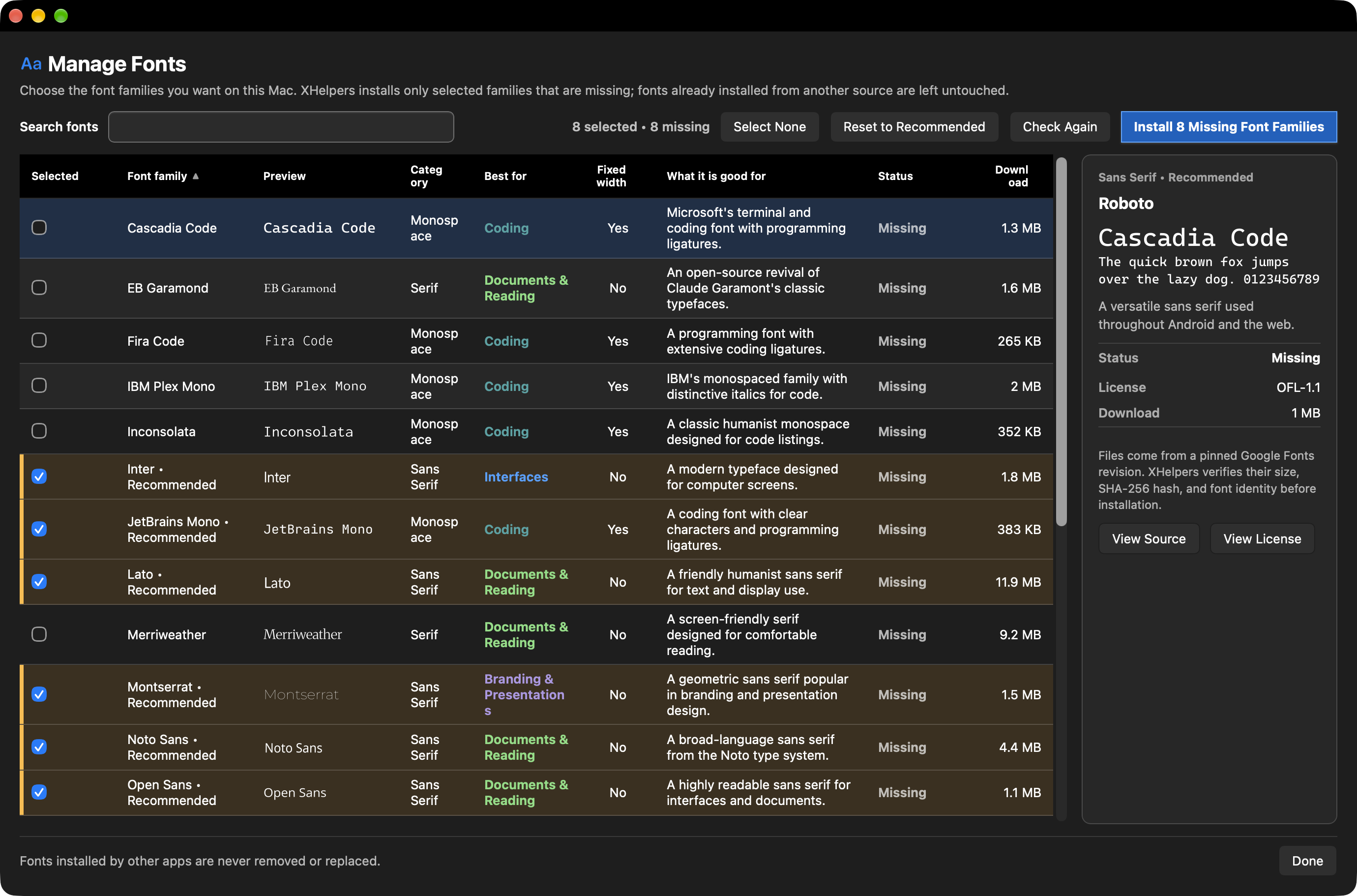 Manage Fonts with searchable font families, previews, recommended selections, categories, download sizes and installation controls