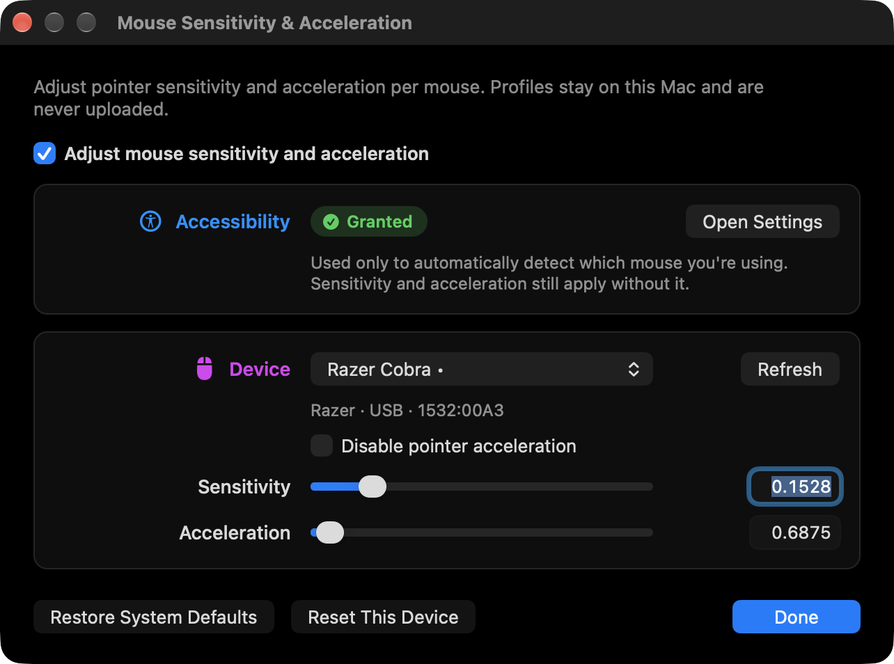 Mouse Sensitivity & Acceleration settings with a Razer Cobra profile, Accessibility status and per-device controls