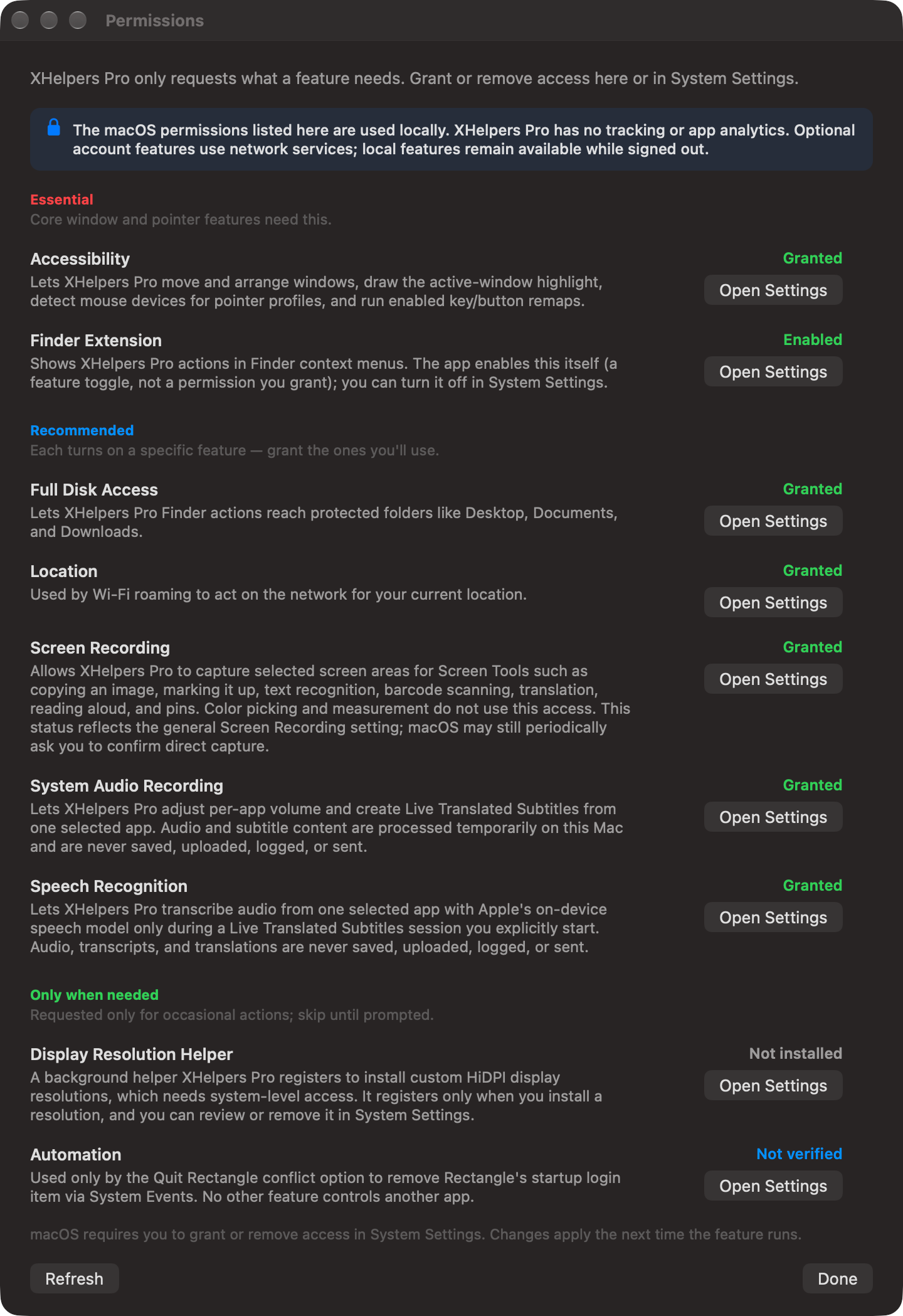 Permissions window listing nine macOS permissions in three tiers with what each unlocks and its live status