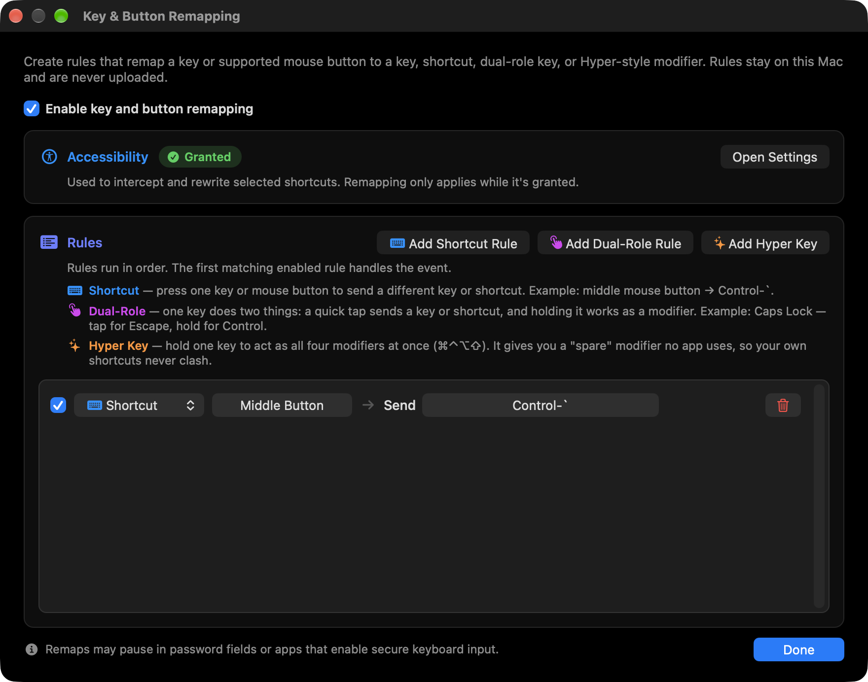 Key & Button Remapping settings with colored shortcut, dual-role and Hyper key options, plus a middle-button shortcut rule