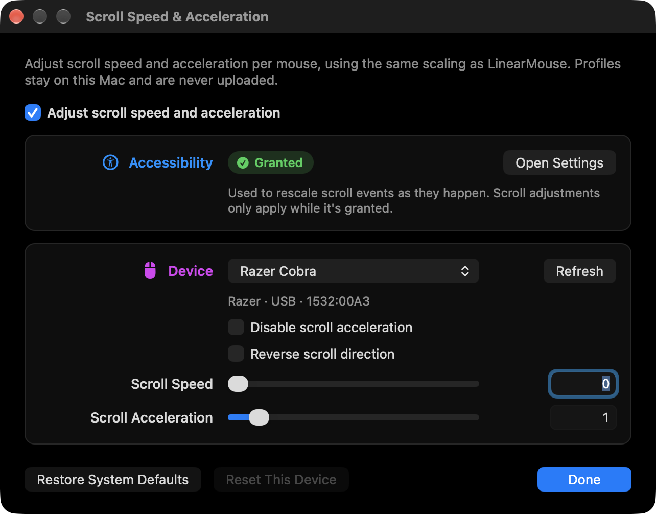 Scroll Speed & Acceleration settings with per-device speed, acceleration and reverse-direction controls