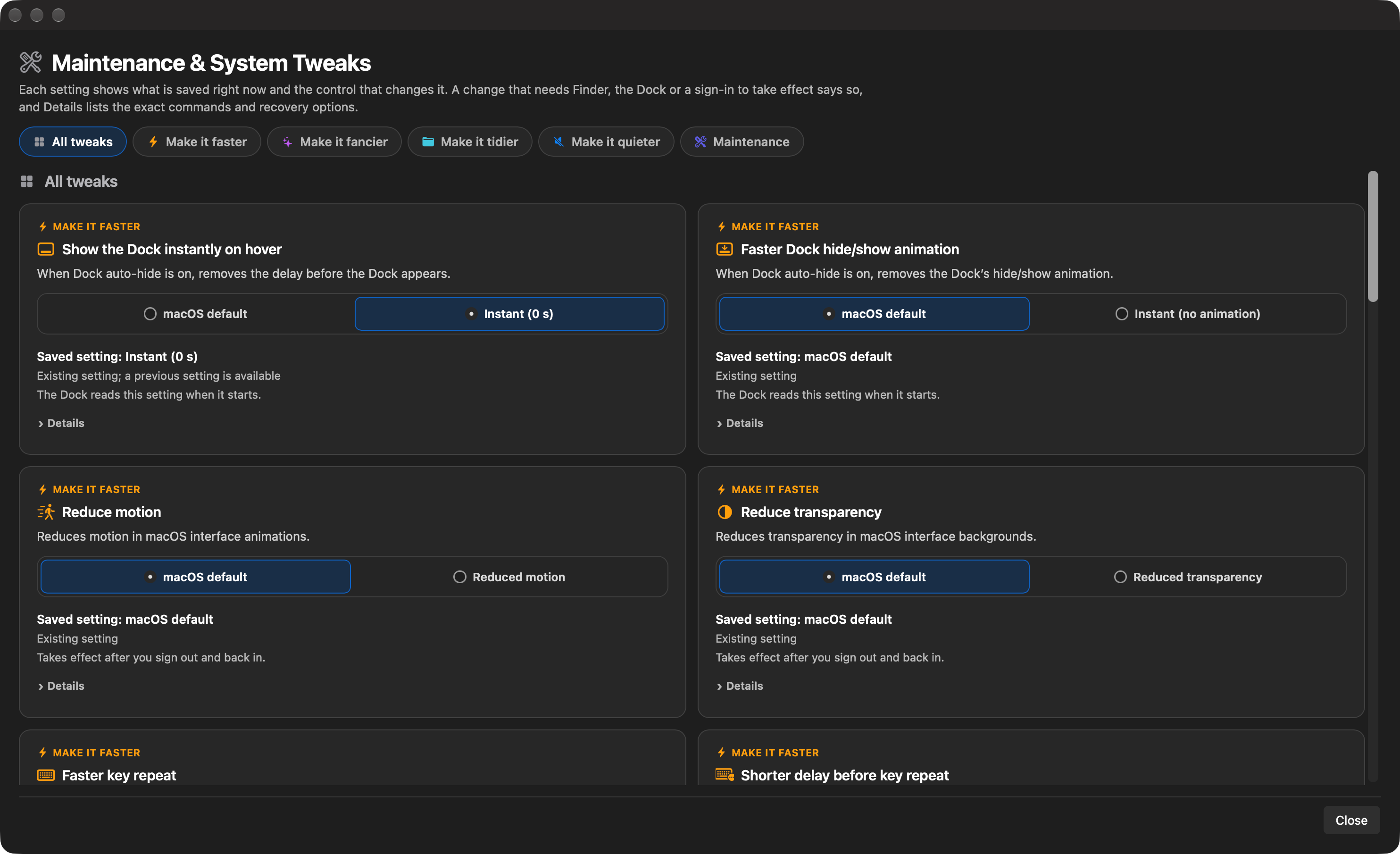 Maintenance & System Tweaks window showing tweak cards grouped as faster, fancier, tidier and quieter, each with its saved setting