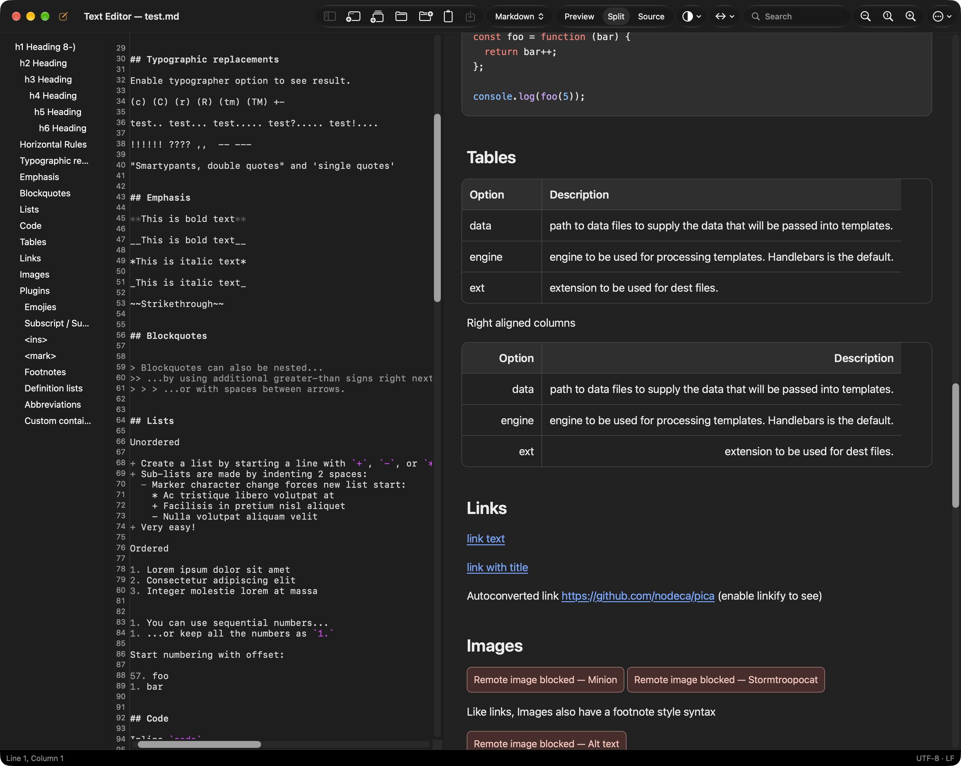 Text Editor with a document outline, Markdown source and rendered preview side by side, including code, tables and links