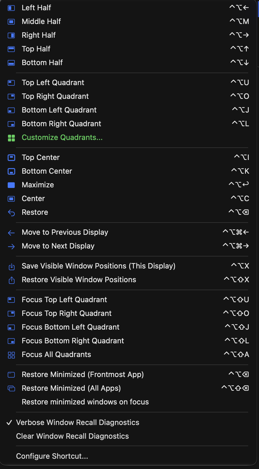Snap & Arrange Windows menu with halves, custom quadrants, display switching, saved window positions, focus actions and keyboard shortcuts